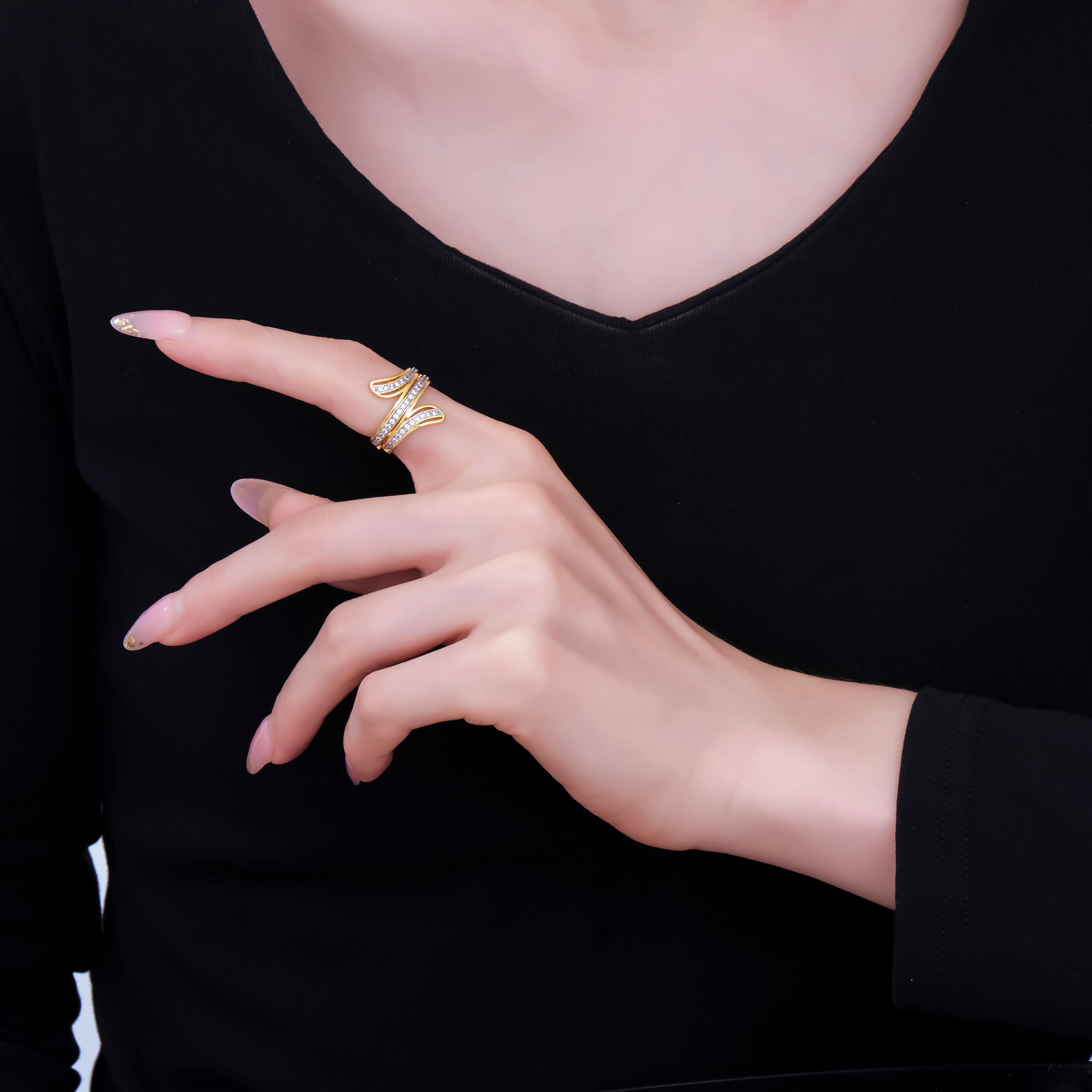 24K Gold Filled Micro Paved CZ Triple Line Wrap Adjustable Ring | O-1486