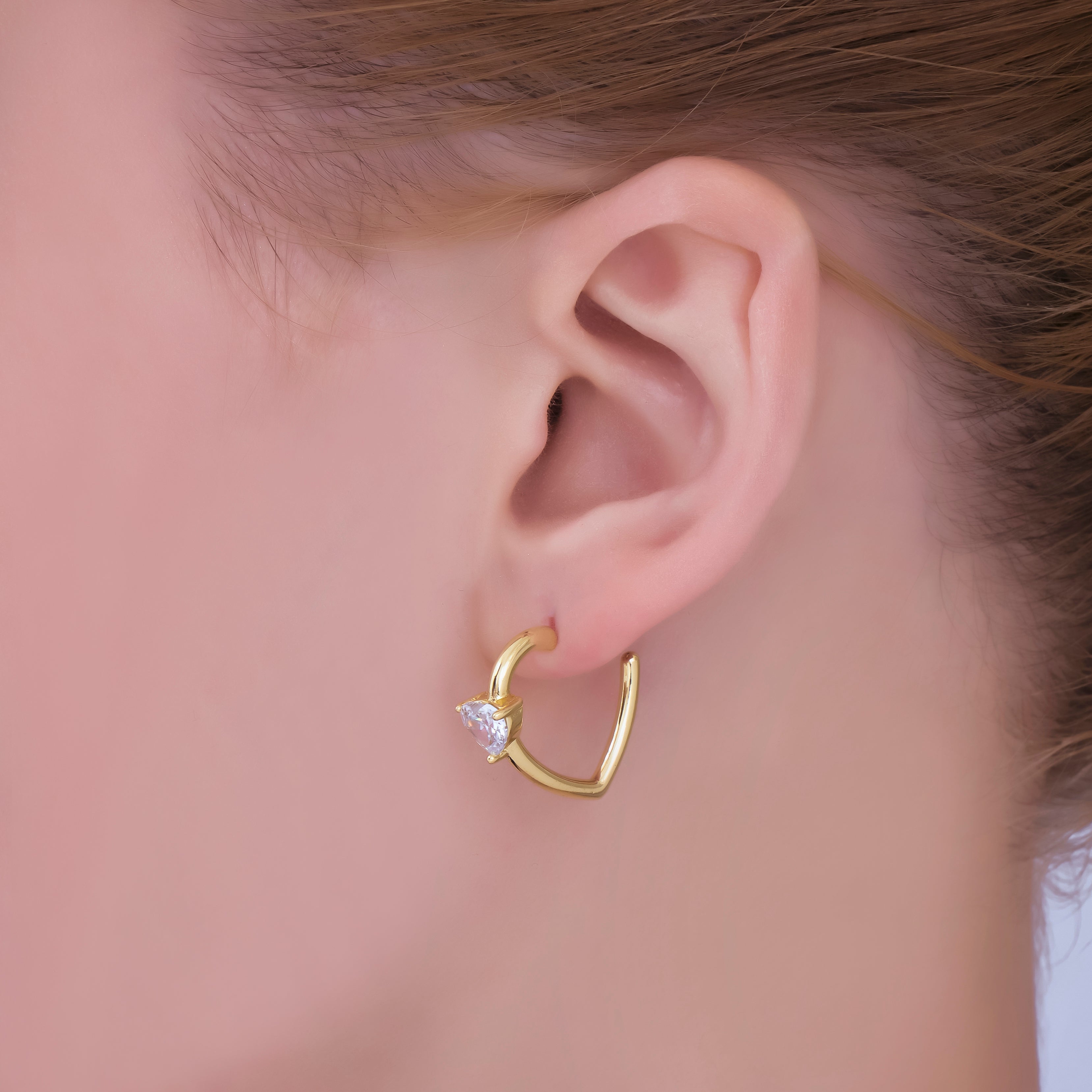 24K Gold Filled Clear CZ Heart C-Shaped Hoop Earrings | AI492
