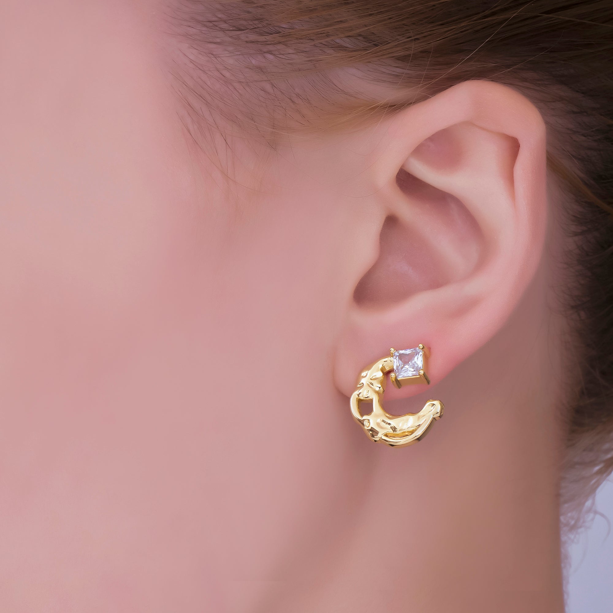 24K Gold Filled Molten Crescent Moon Square CZ Studs Earrings | AI445