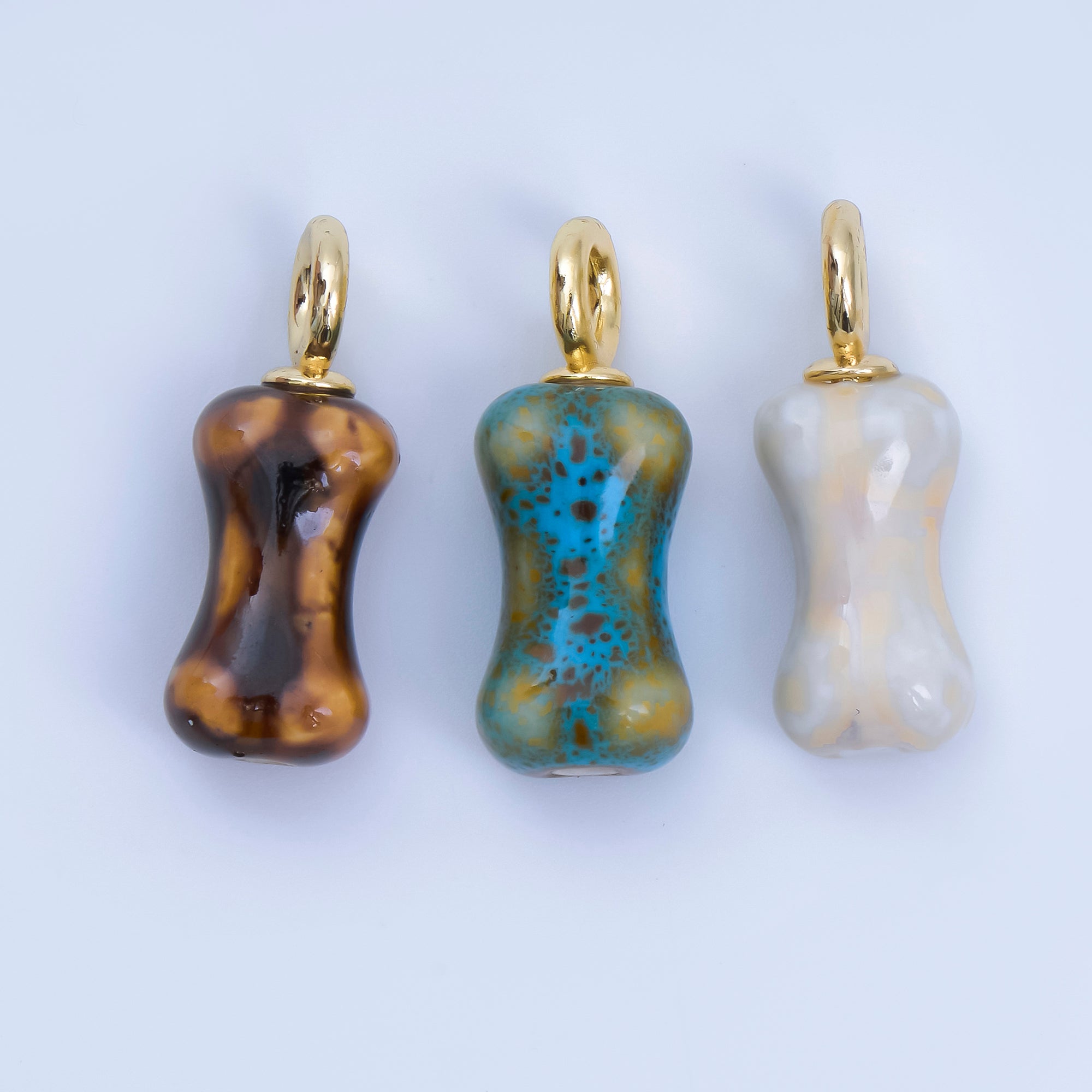 24K Gold Filled 27mm Teal, White, Brown Ceramic Dog's Bone Charm | AF1257 - AF1258