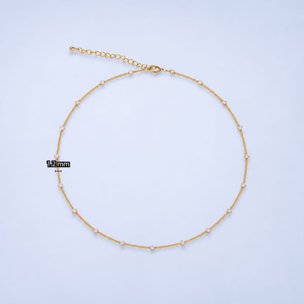 16K Gold Filled 1.5mm Clear CZ Curb Chain 16.5 Inch Choker Necklace | WA-04809