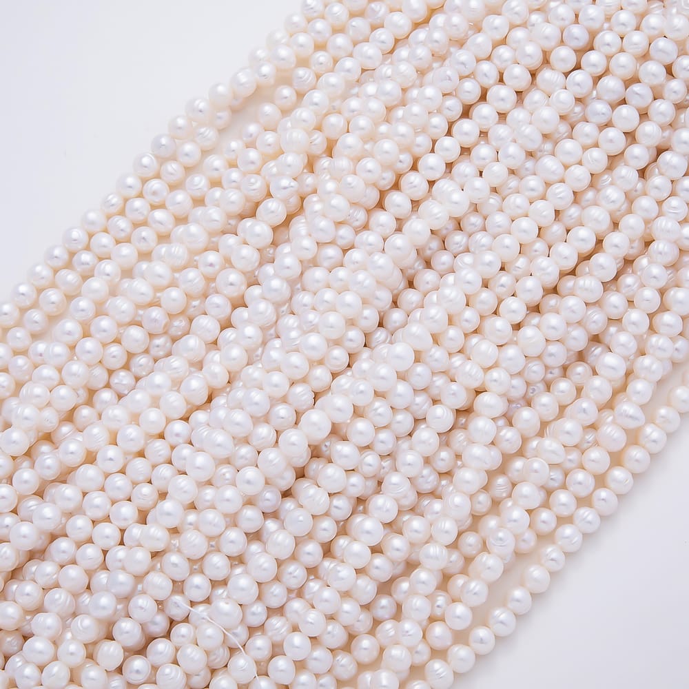 6mm White Freshwater Pearl Lined Ringed Round Button Natural Gemstone Bead 14 Inch Strand Finding | WA-02156