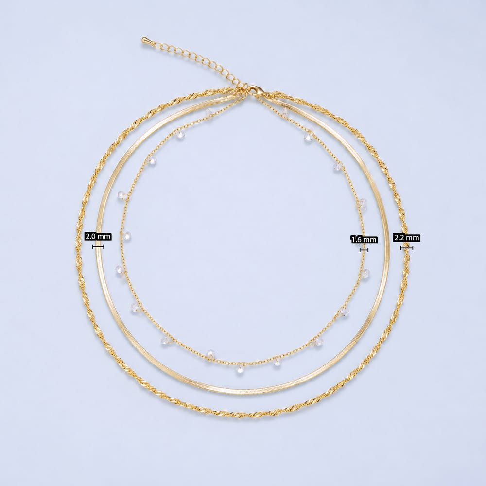 16K Gold Filled 2mm Clear CZ Herringbone Singapore Chain 16.5 Inch Triple Layer Necklace | WA-04806