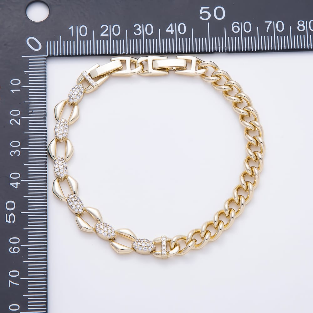 14K Gold Filled 7mm Clear Micro Paved CZ Geometric Curb Half Chain 6.5 Inch Bracelet | WA-01492