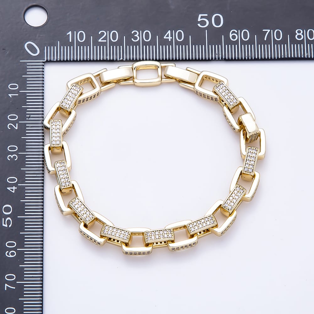 14K Gold Filled 7.5mm Micro Paved CZ Wide Paperclip Chain 7 Inch Bracelet | WA-01576