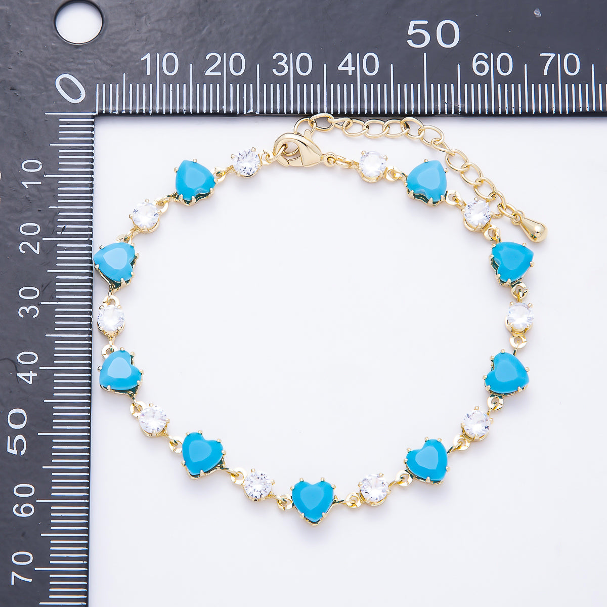 16K Gold Filled 6mm Heart Turquoise Round CZ Station Necklace and Bracelet Set | WA-00421