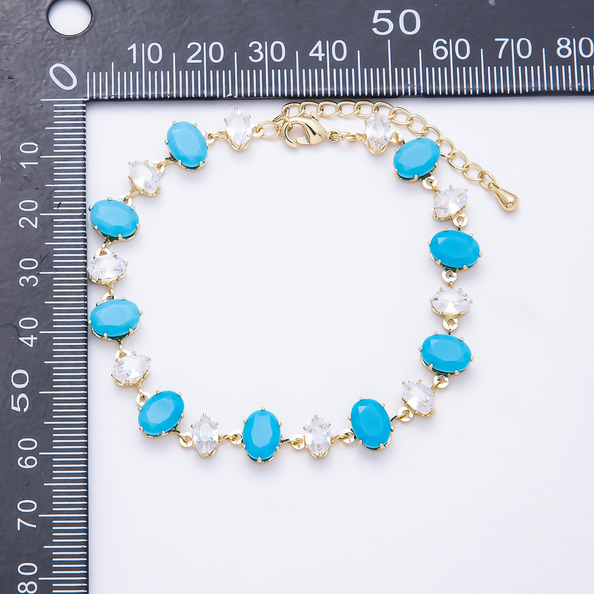 16K Gold Filled 9mm Oval Turquoise & Marquise CZ Station 17 Inch Necklace and Bracelet Set | WA-00418