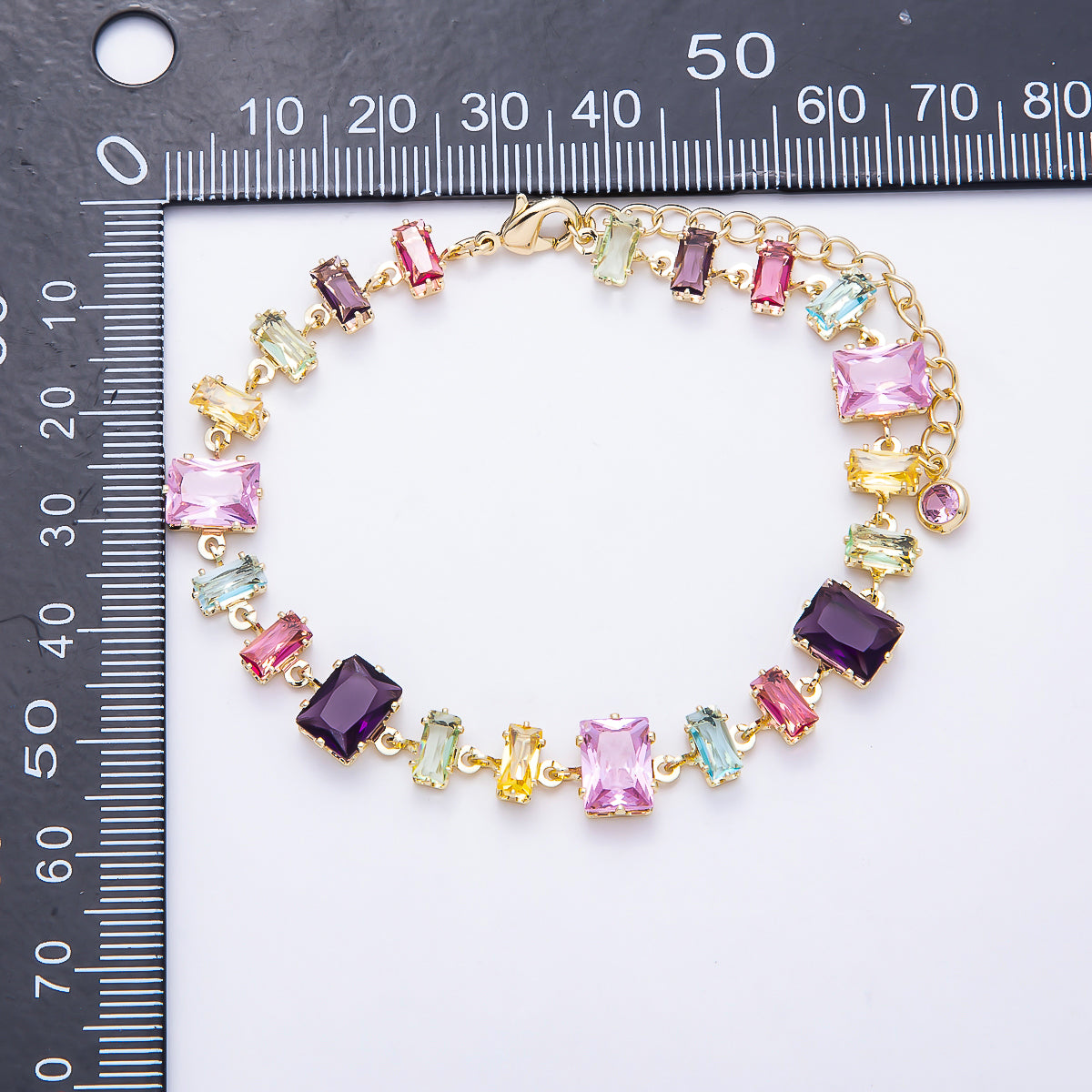 16K Gold Filled 9mm Multicolor Baguette CZ Station 17 Inch Necklace and Bracelet Set | WA-00429