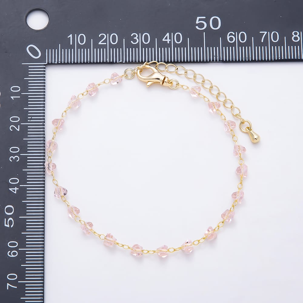 18K Gold Filled 4.5mm Pink Multifaceted Crystal Satellite Gemstone Chain 7 Inch Bracelet |  WA-01583