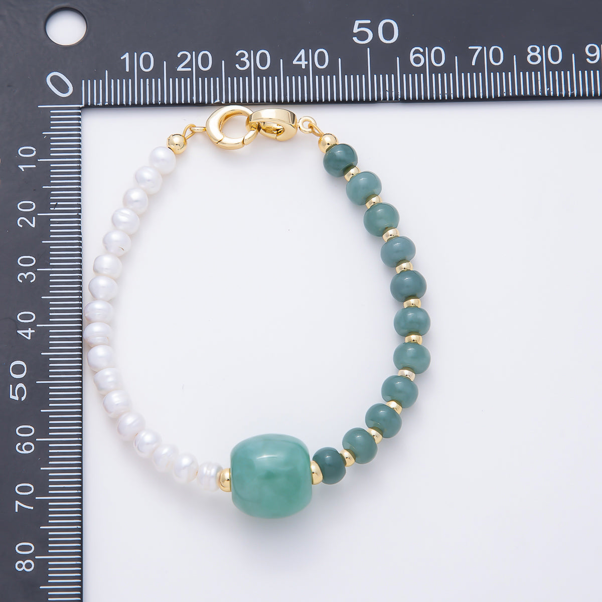 16K Gold Filled 6mm Shell Pearl Green Aventurine Half Rondelle Gemstone Chain 7.5 Inch Bracelet | WA-00087