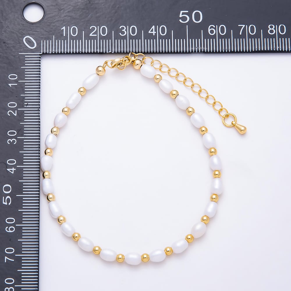 16K Gold Filled 4mm Oval Shell Pearl Bead Gemstone Chain 7.5 Inch Bracelet, 18 Inch Necklace | WA-00981 WA-00991