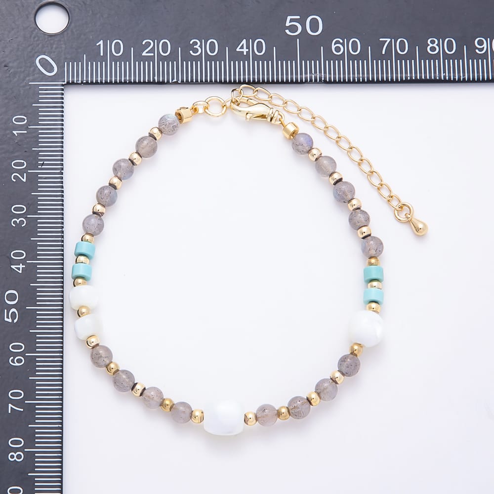 16K Gold Filled 4.5mm Blue Turquoise Labradorite Shell Pearl Round Gemstone Chain 18 Inch Necklace | WA-00631 WA-00639