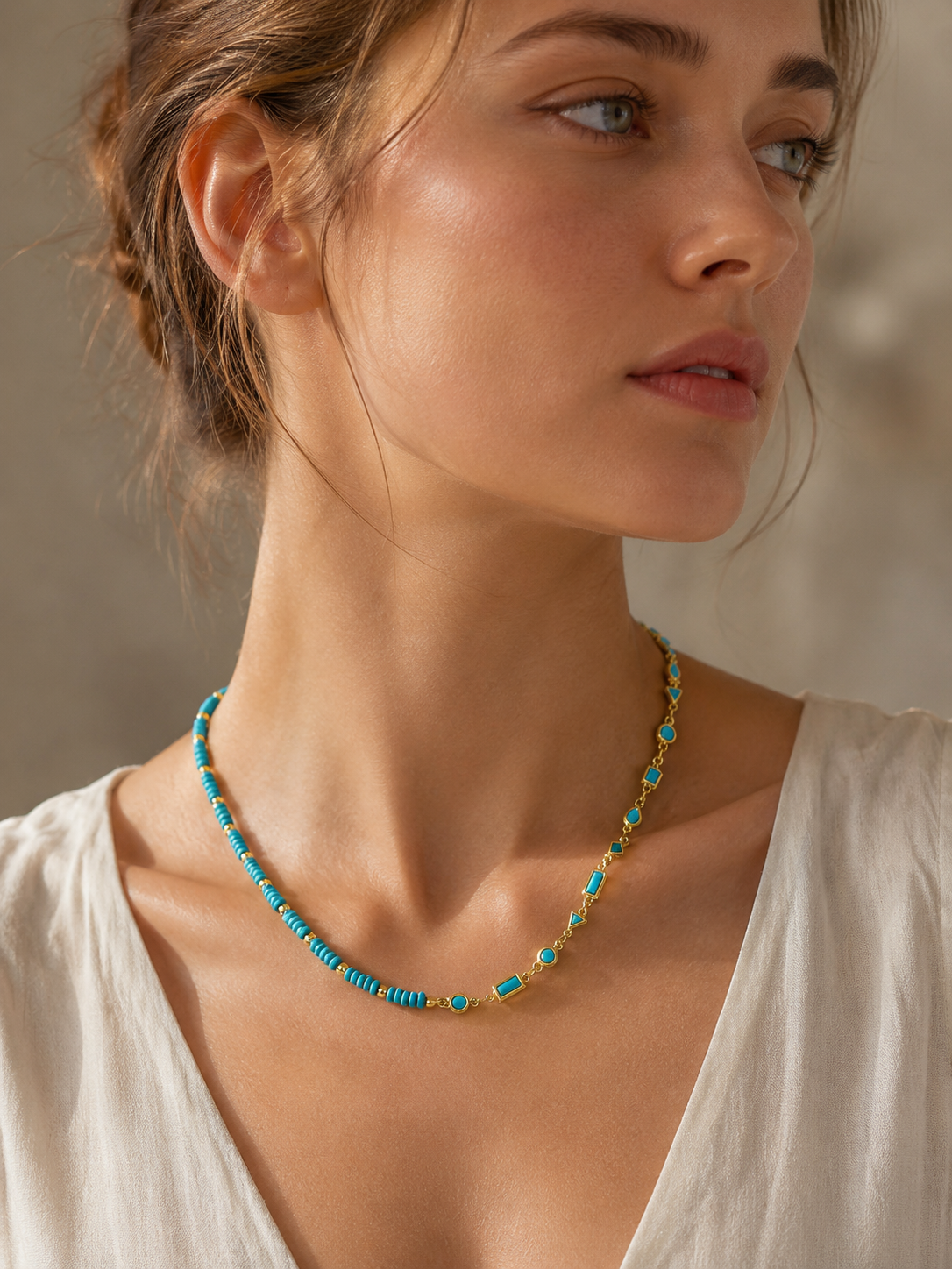 18K Gold Filled Floating Turquoise Multi Cut Rondelle Bezel Half Cable Gemstone Floating Necklace Chain 19 Inch Necklace | WA-01384