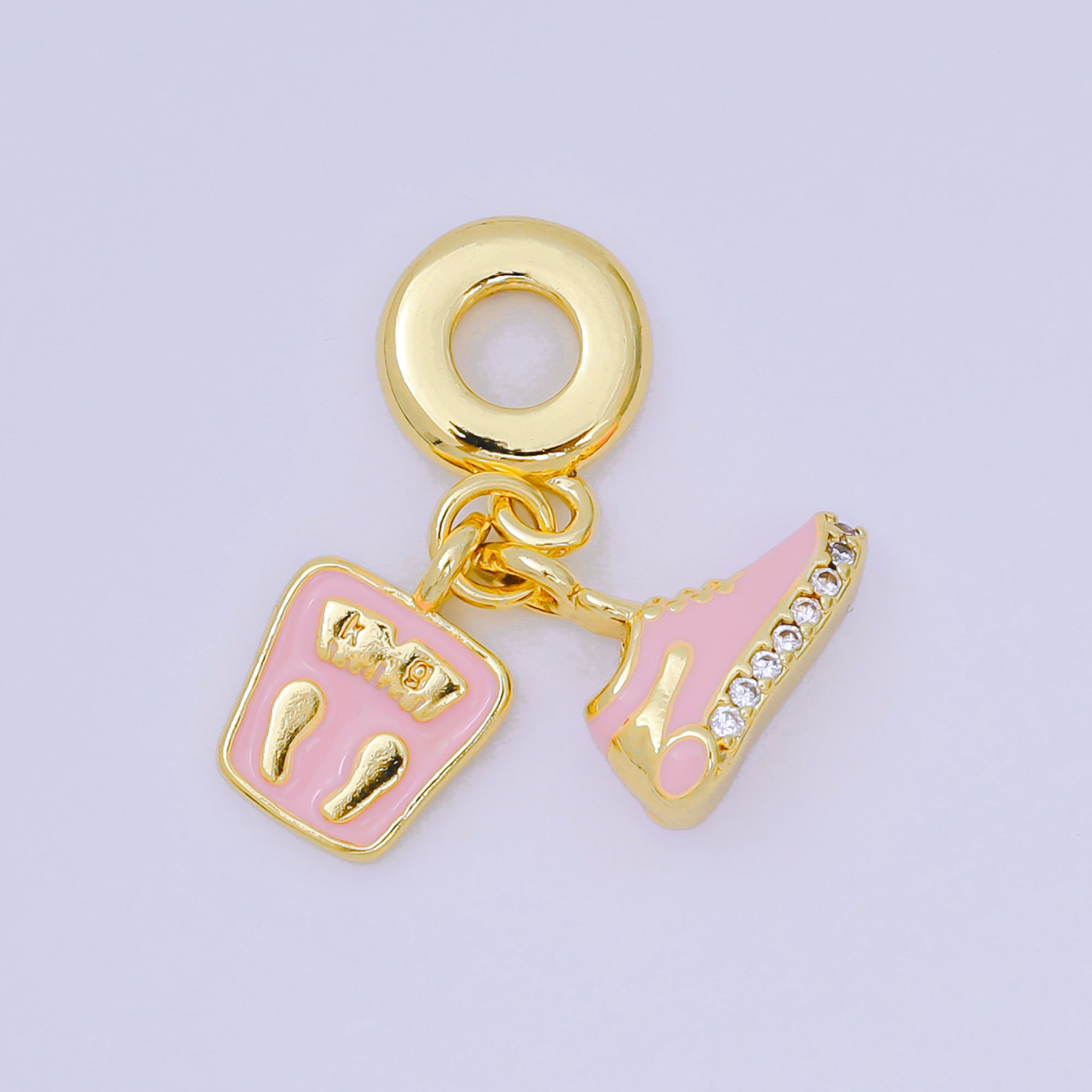 24K Gold Filled 14mm Micro Paved CZ Pink Enamel Art Set Charm in Pink Sneakers & Weight Scale Rhondelle Drop Pendant | M-053