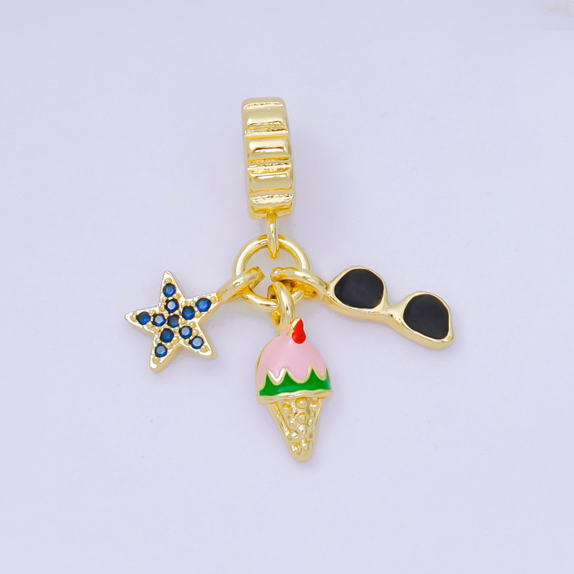 24K Gold Filled 14mm Micro Paved CZ Enamel Art Playful Set Charm in Star, Ice Cream, & Sunglasses Rhondelle Drop Pendant | M-097
