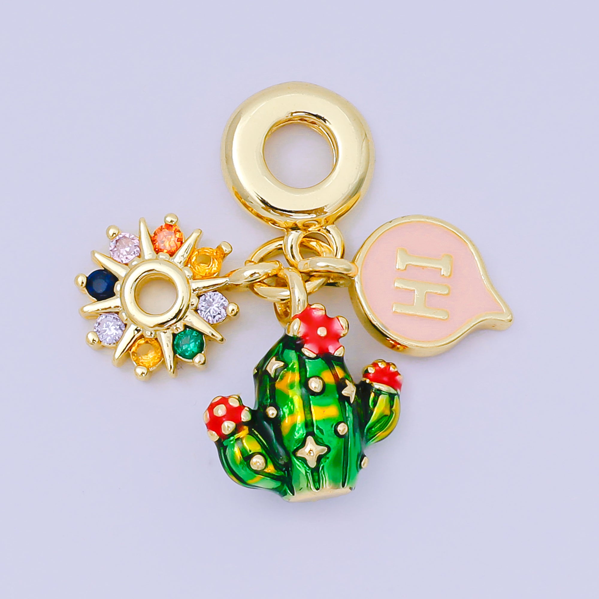 24K Gold Filled 13.5mm Multicolor CZ Enamel Art Desert Theme Charm in Cactus, Sun, & Hi Rhondelle Drop Pendant | M-098