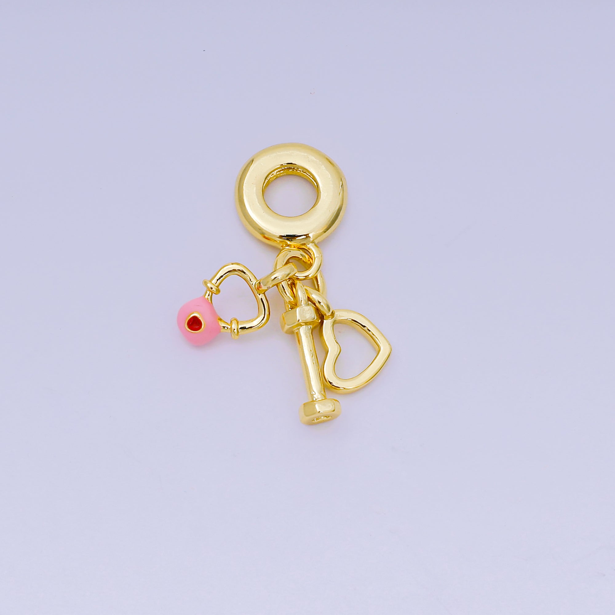 24K Gold Filled 11.5mm Red CZ Enamel Art Gym Set Charm in Heart, Barbell, & Dumbell Rhondelle Drop Pendant | M-099