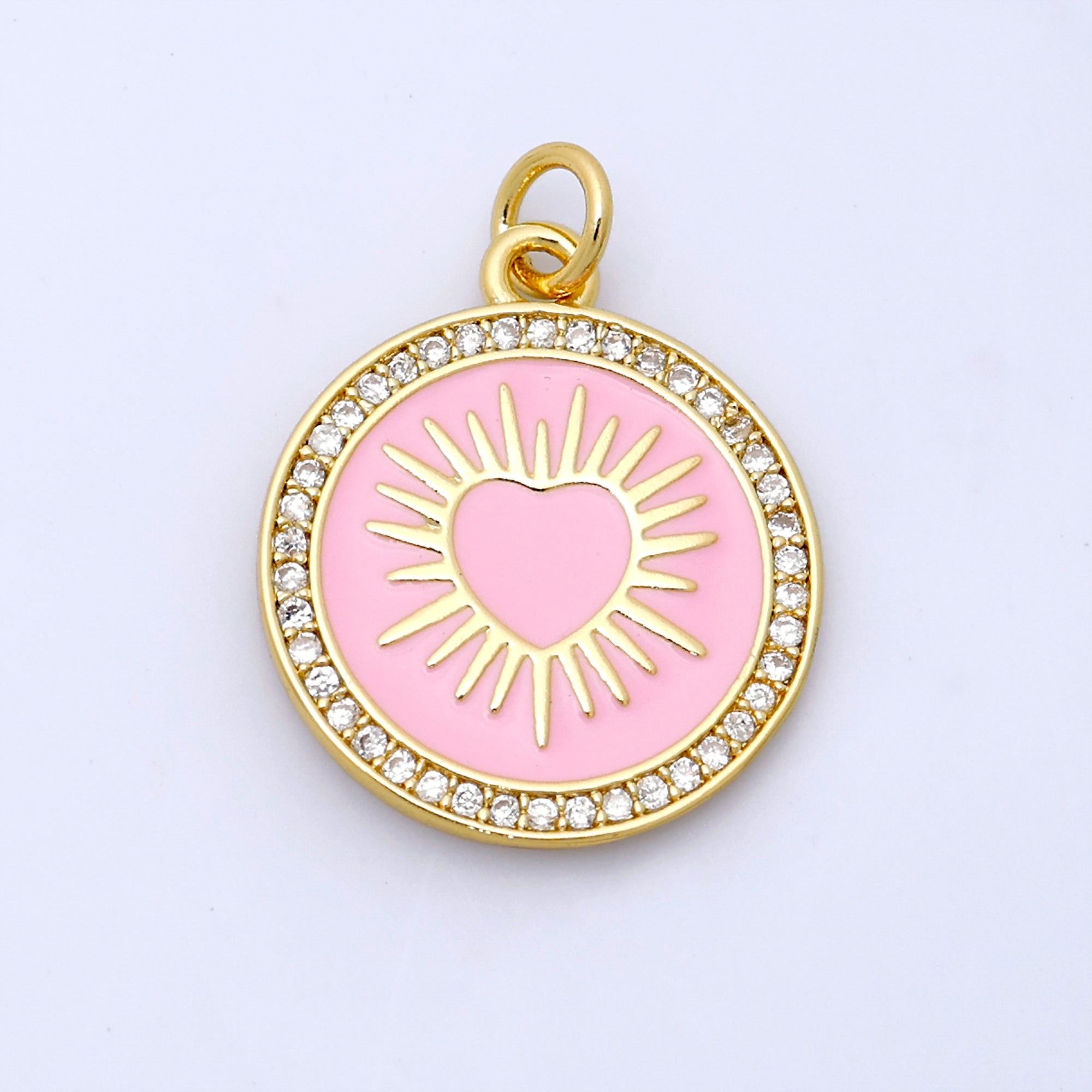 24K Gold Filled Sacred Heart Pink Enamel Micro Paved Round Charm | M185