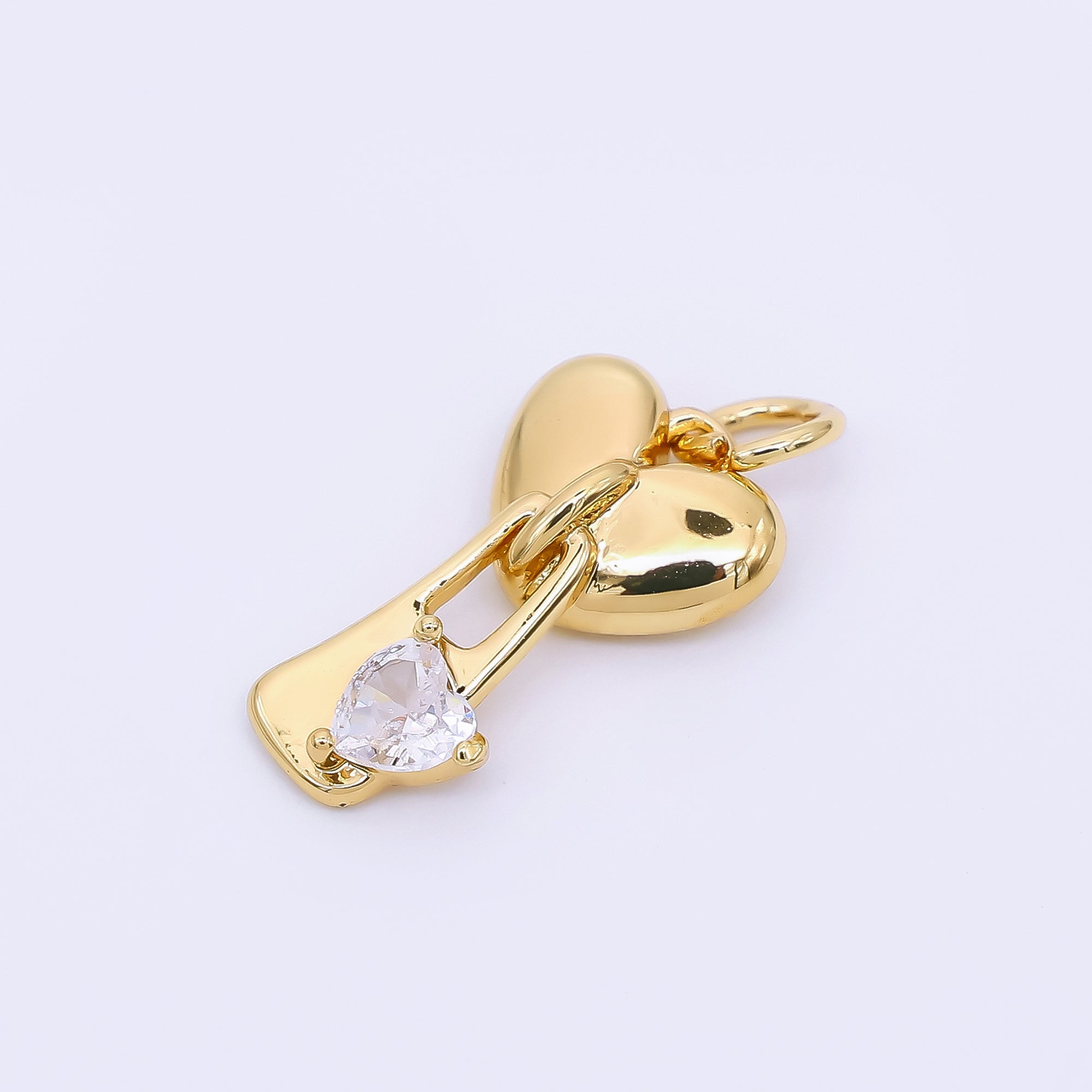 24K Gold Filled 17mm Heart-Shaped CZ Double Heart Love Key Drop Charm | M-580