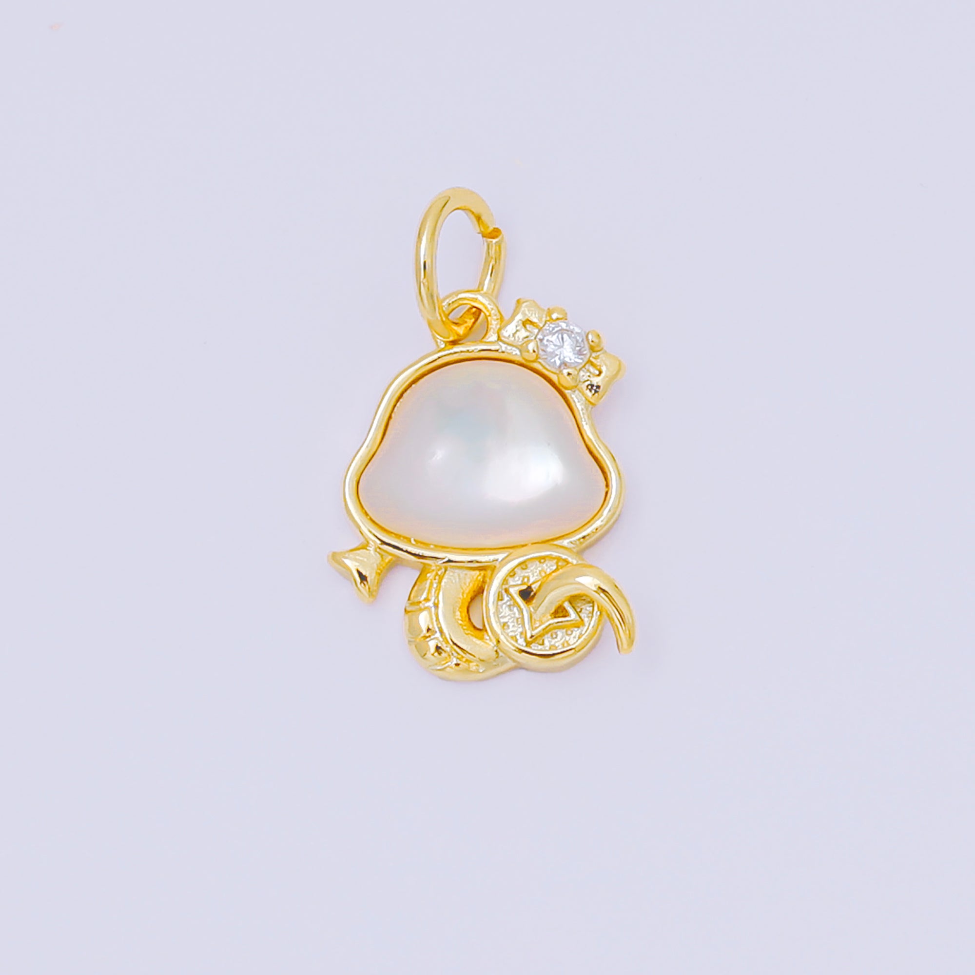 24K Gold Filled 13mm Round CZ Under the Jellyfish Shell Pearl Charm | M885