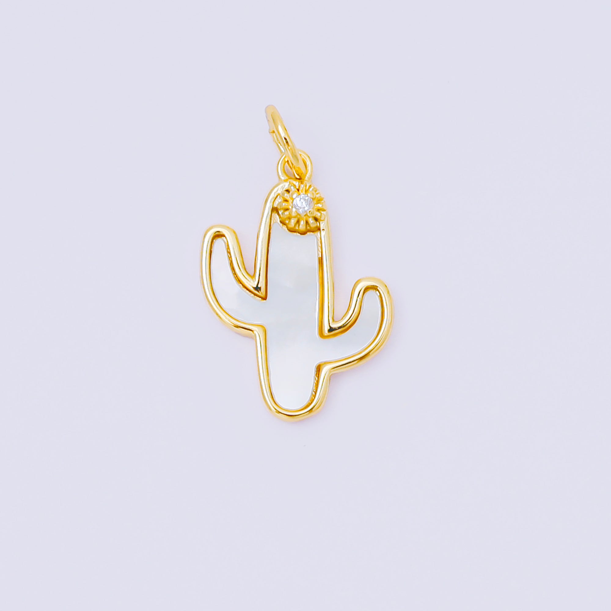 24K Gold Filled 18mm Round CZ Desert Cactus Plant Shell Pearl Charm | M908