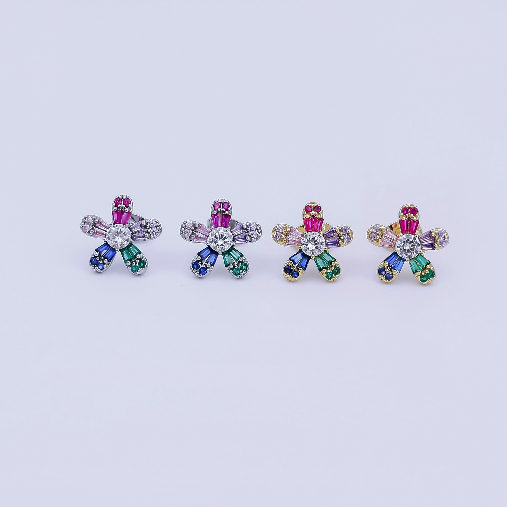24K Gold Filled Multicolor CZ Flower Stud Earrings in Gold & Silver | AI519 AI520
