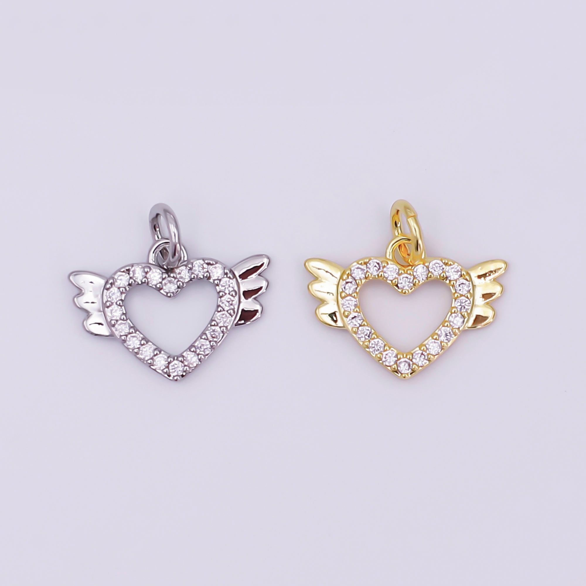 24K Gold Filled Micro Paved CZ Open Heart Wings Mini Charm in Gold & Silver | AJ298