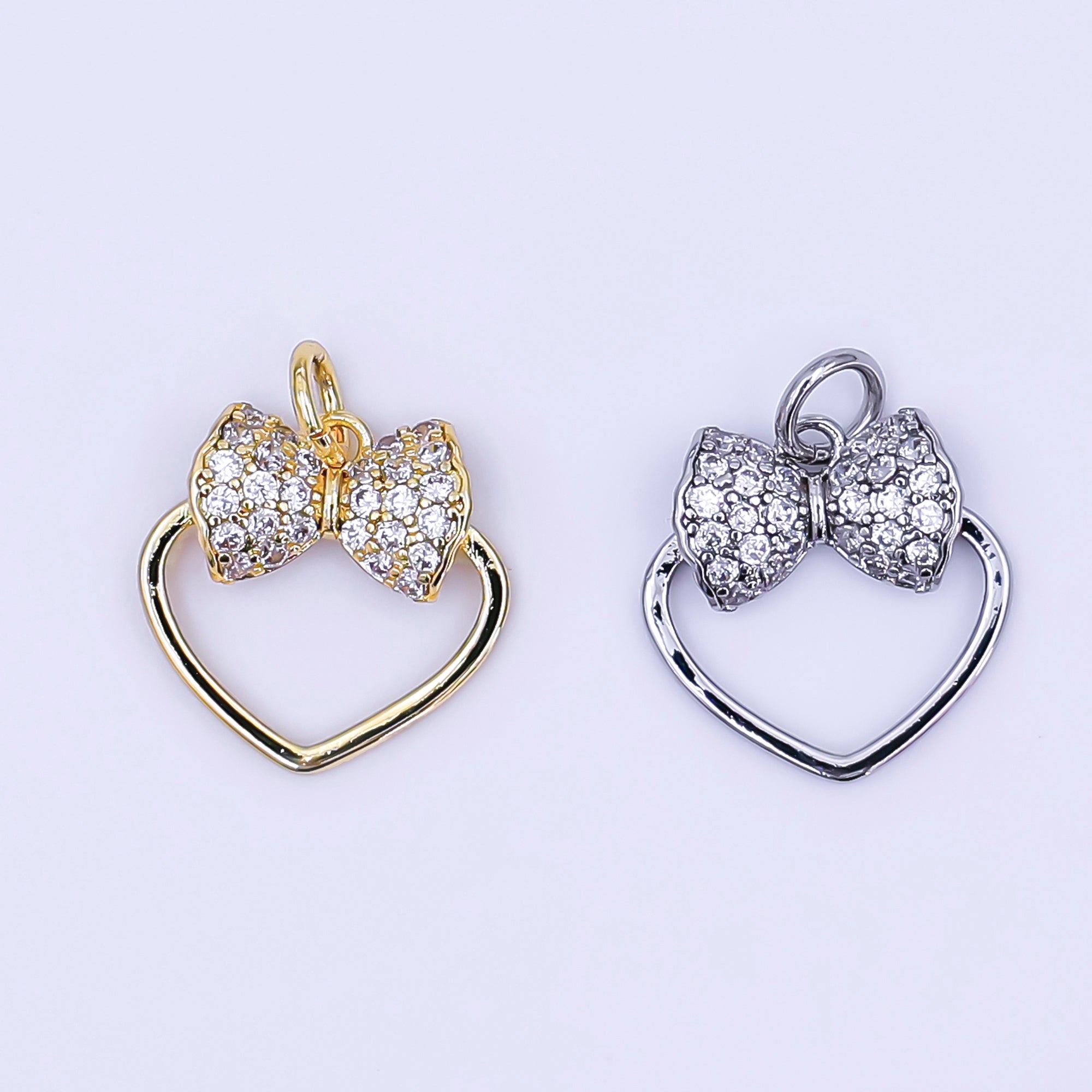 24K Gold Filled Micro Paved CZ Ribbon Bow Open Heart Charm in Gold & Silver | AJ300