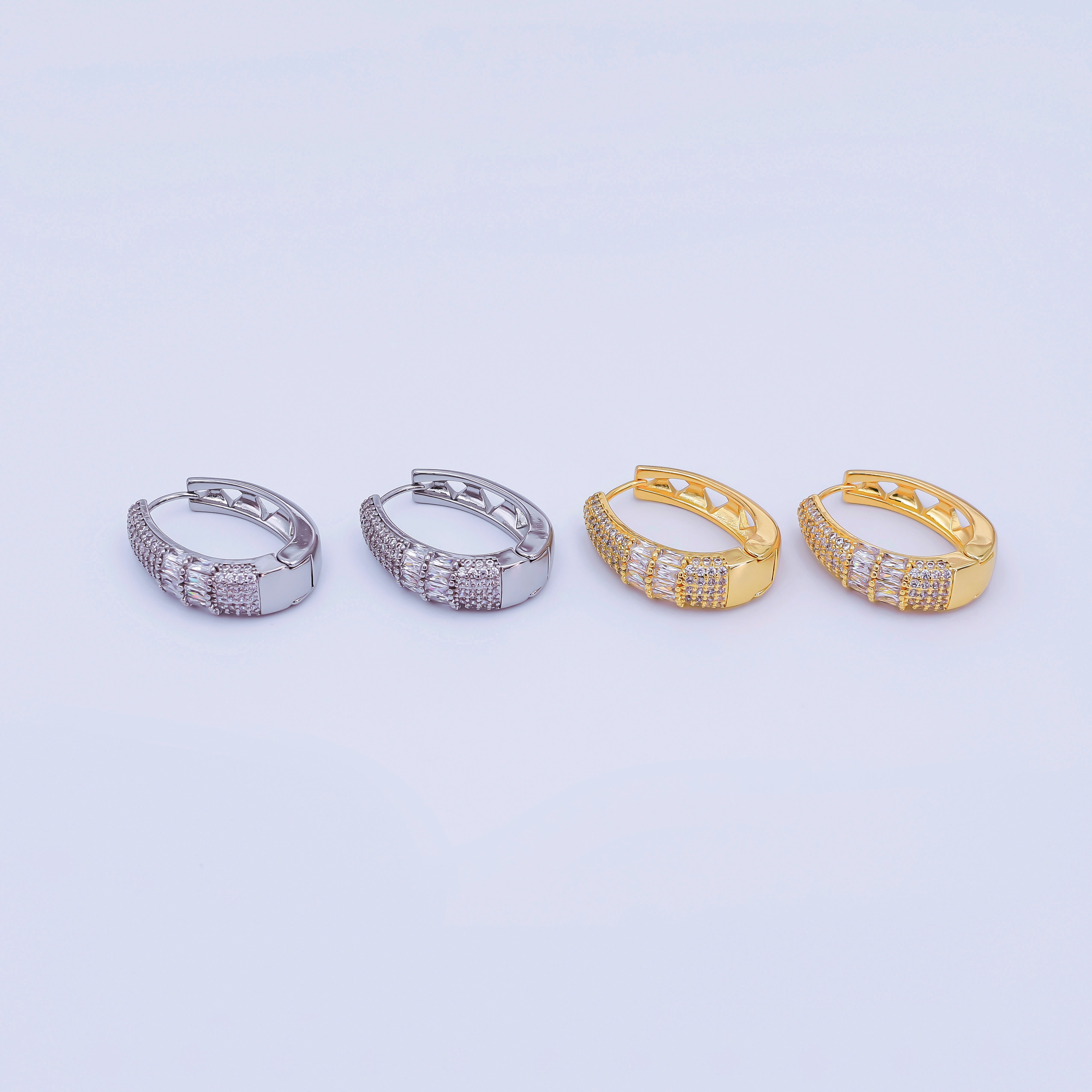 24K Gold Filled 30mm Clear CZ Baguette Micro Paved Oblong Hoop Earrings in Gold & Silver | AI523 AI524