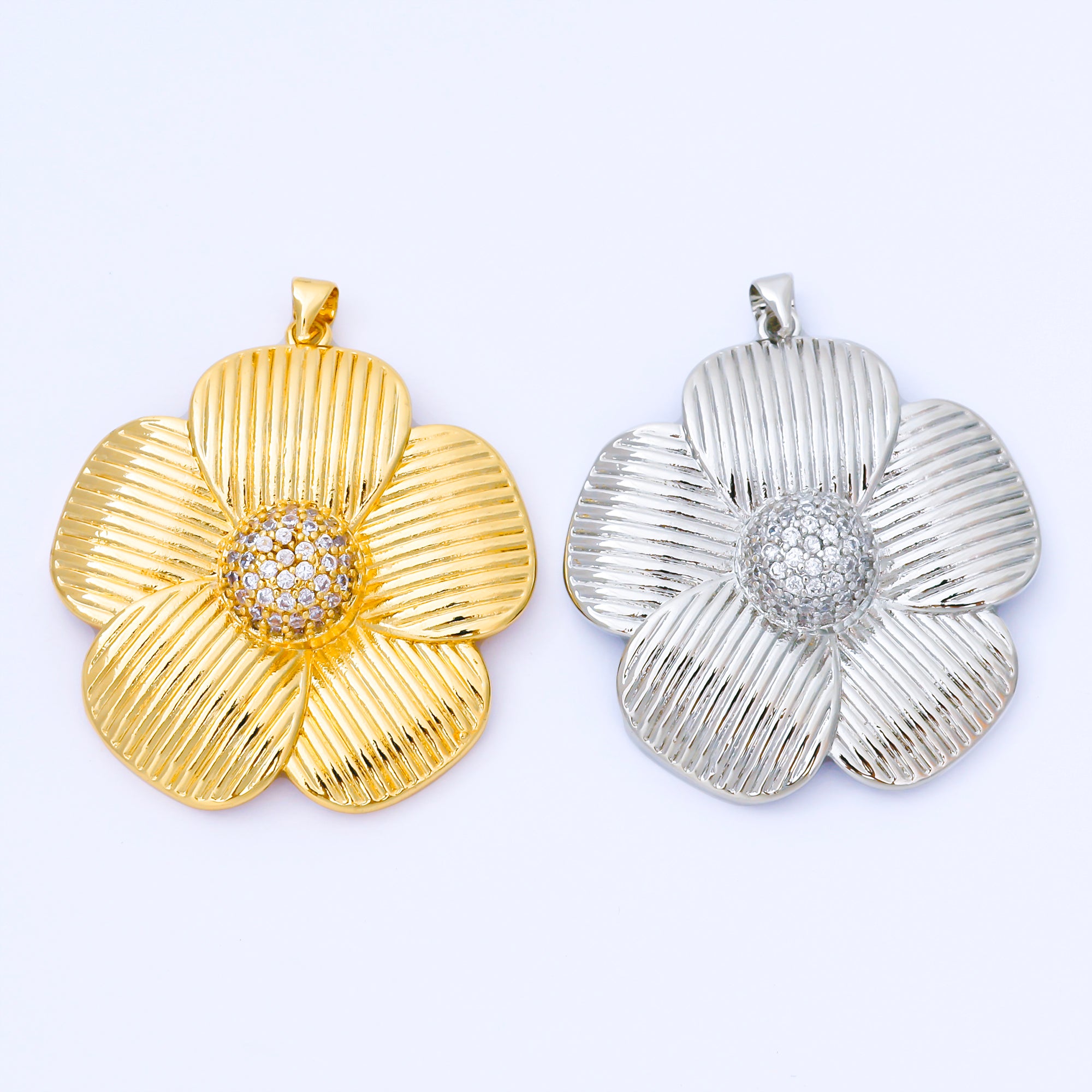 24K Gold Filled 41mm Micro Paved CZ Ribbed Flower Pendant in Gold & Silver | AA1657 AA1660