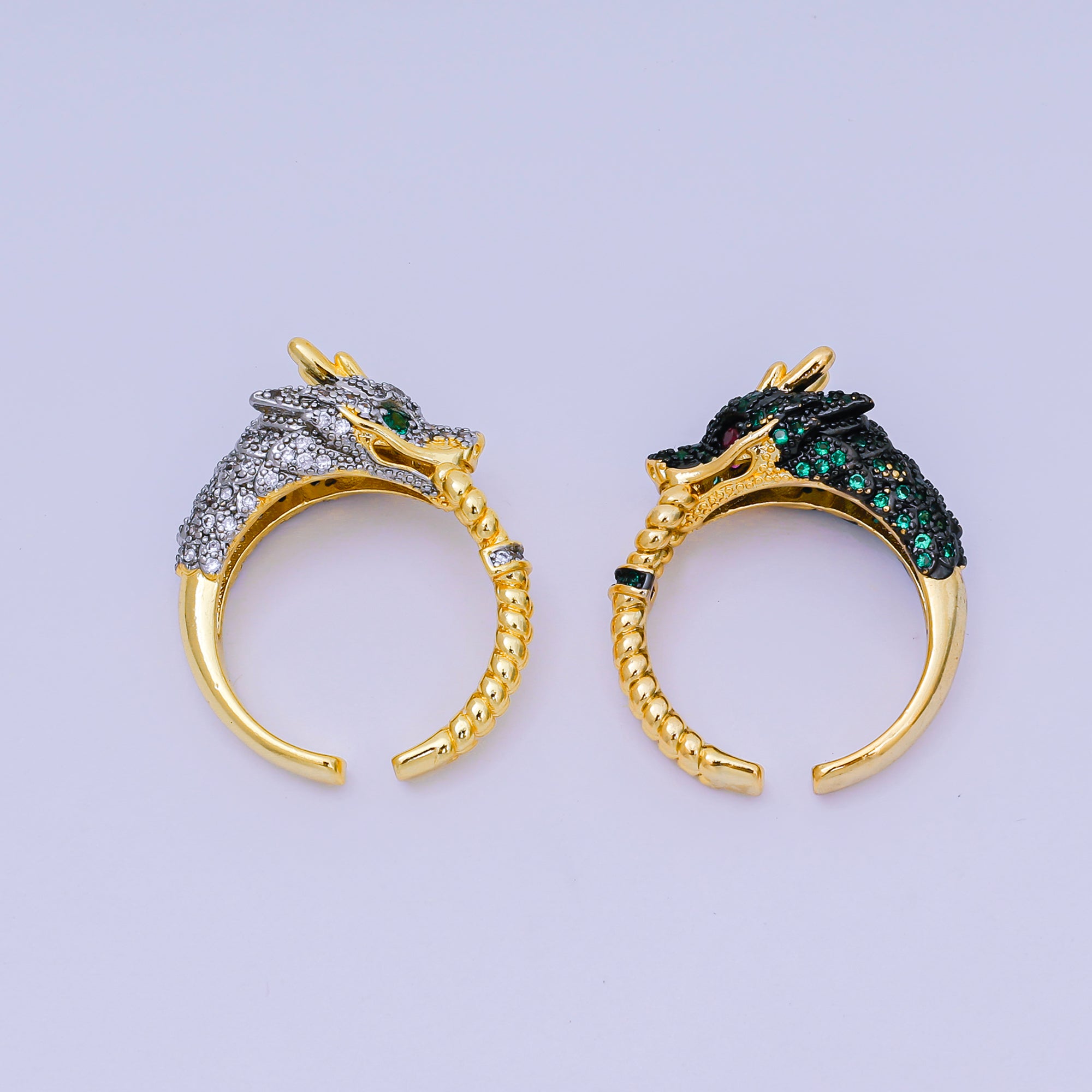 24K Gold Filled Red & Green Micro Paved CZ Enamel Art Mythical Dragon Adjustable Ring in Black & Grey | O-1489 O-1490
