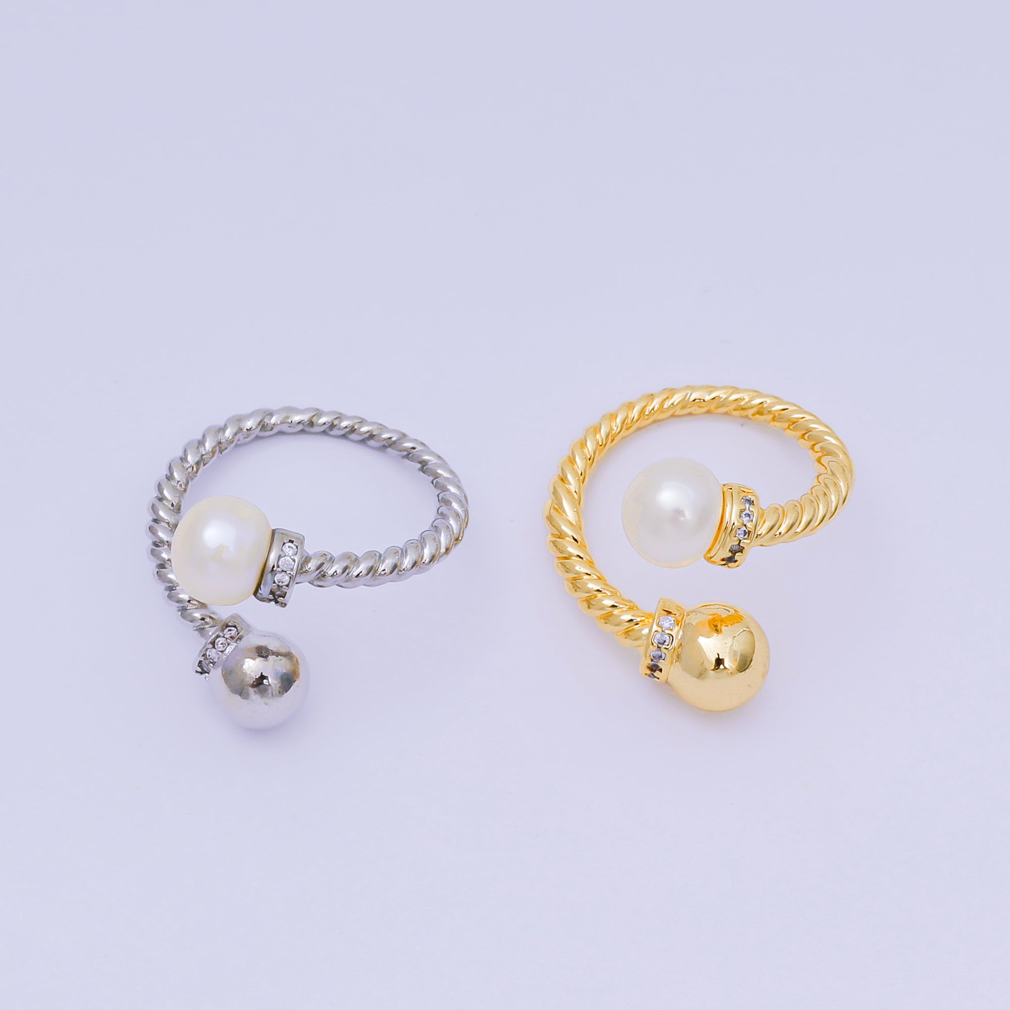 24K Gold Filled Micro Paved CZ Shell Pearl Classic Twisted Rope Promise Adjustable Ring in Gold & Silver | O-1492 O-1493