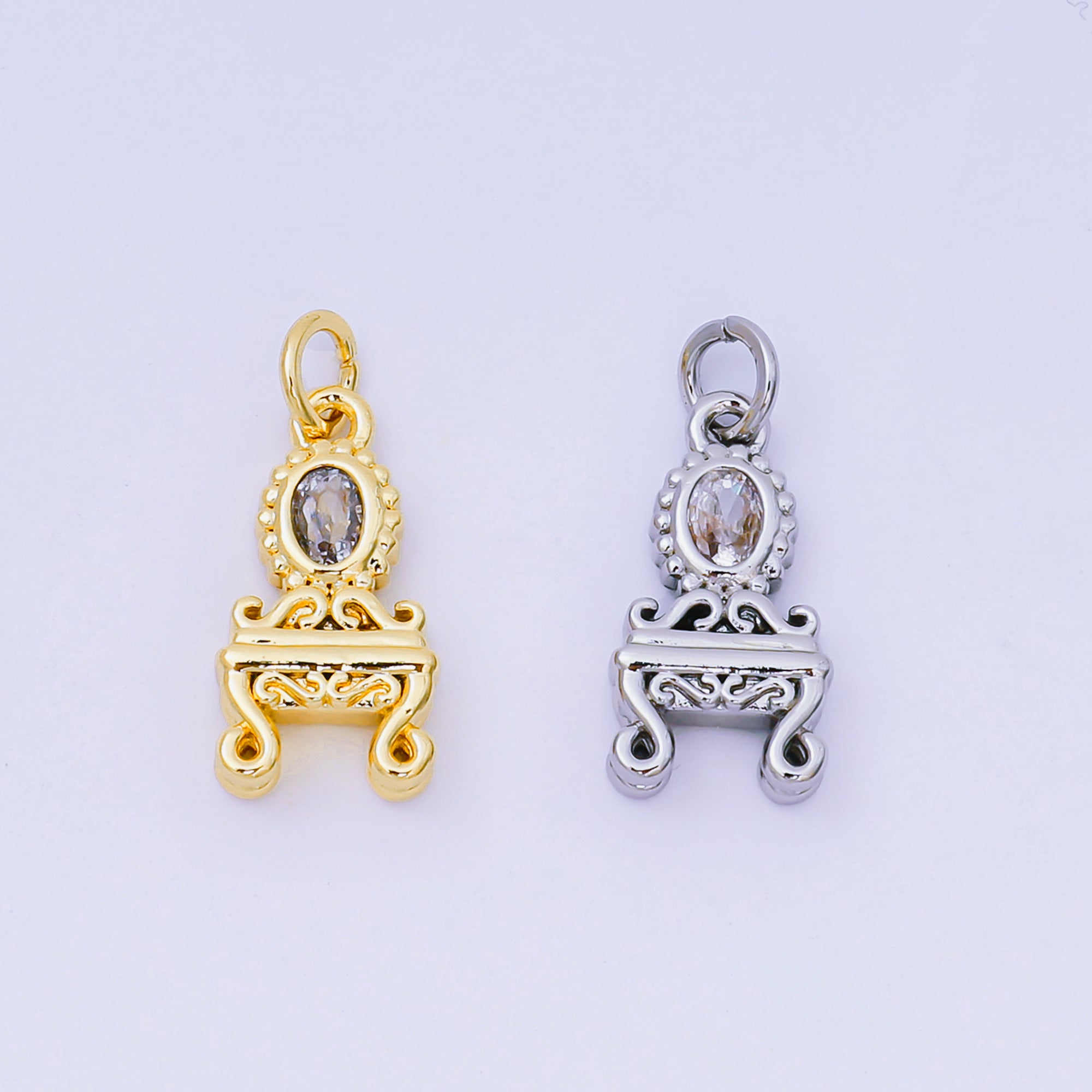24K Gold Filled 16mm Oval CZ Vintage Vanity Mirror Table Charm in Gold & Silver | AJ-483