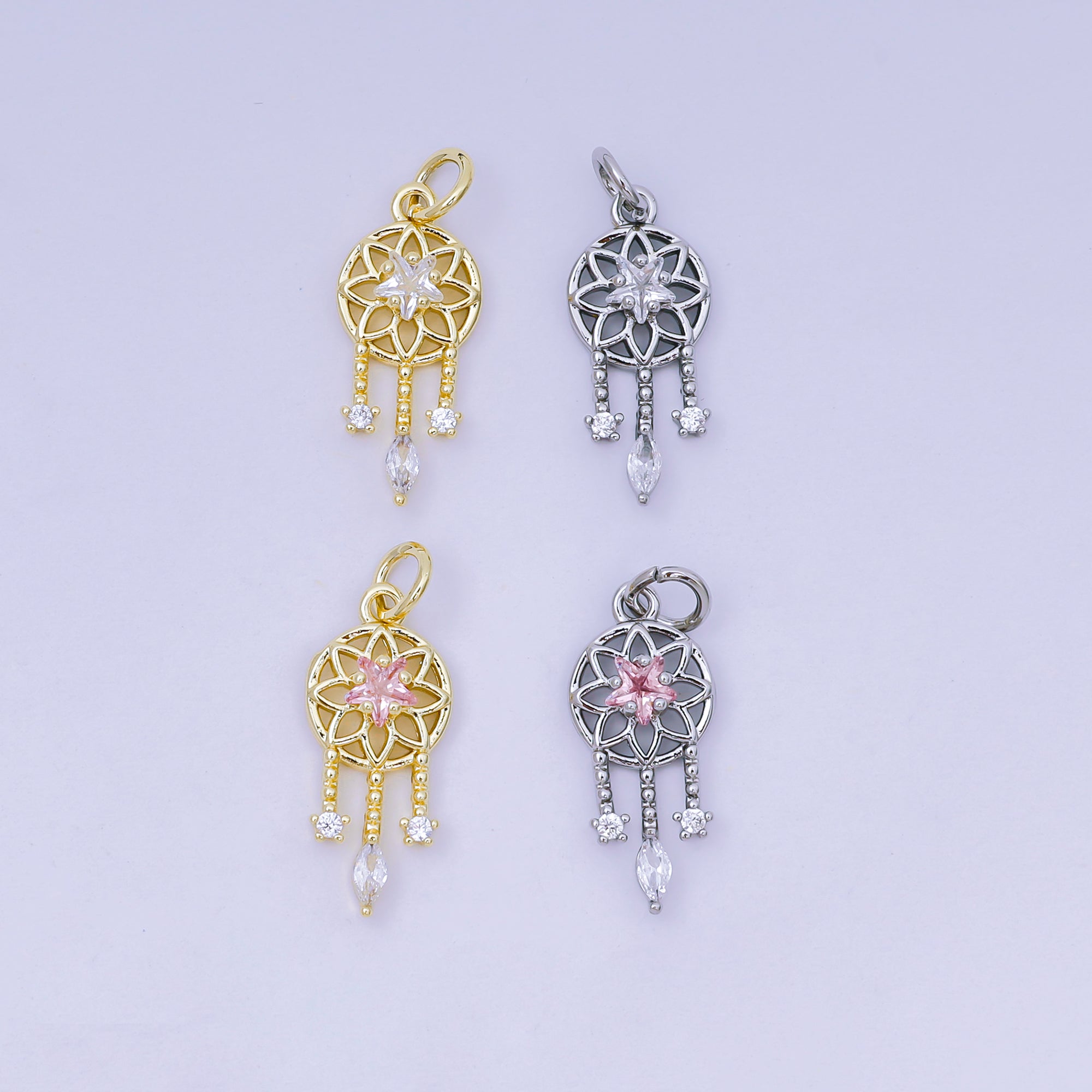 24K Gold Filled 19.5mm Clear, Pink CZ Dreamcatcher Charm in Gold & Silver | AJ469 AJ470