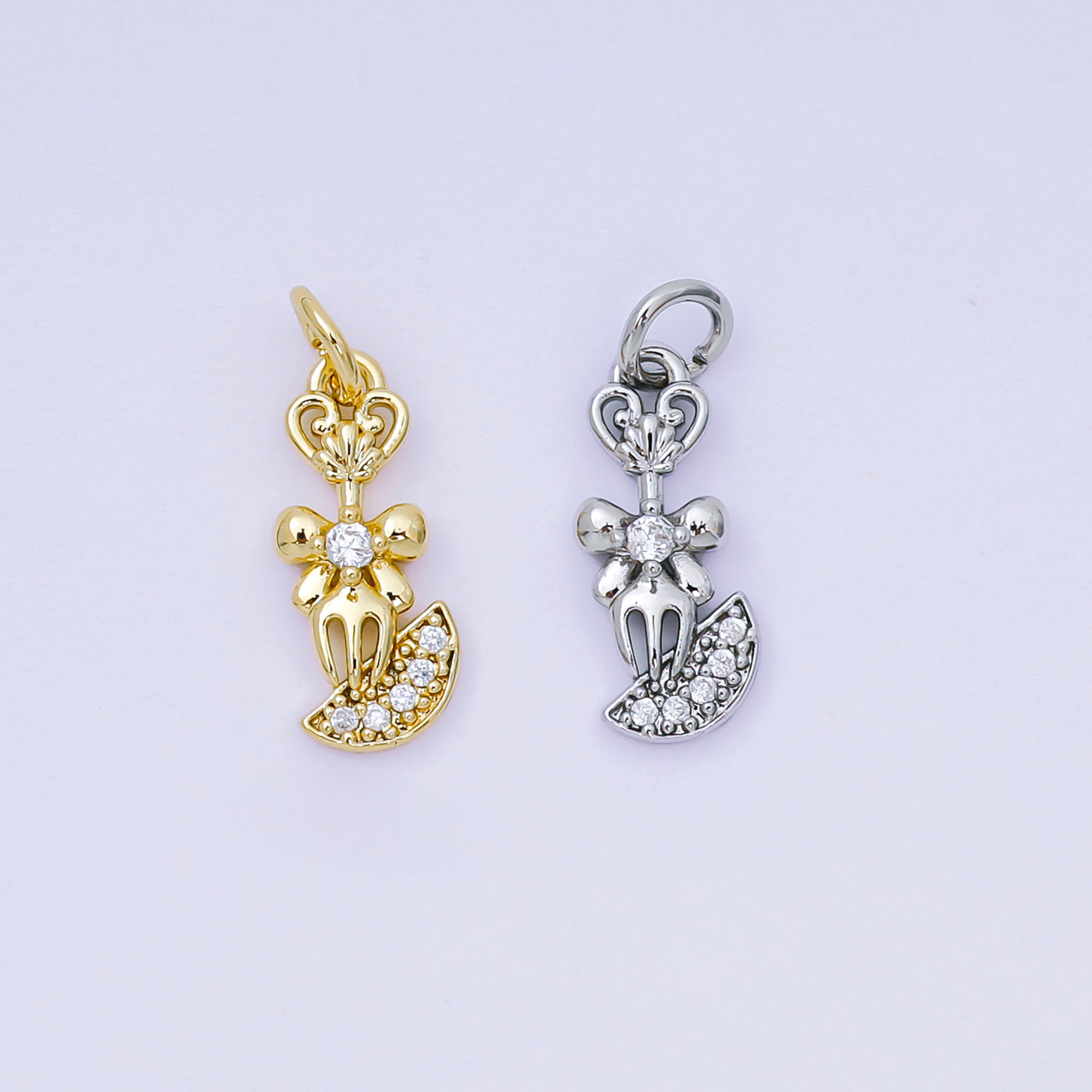 24K Gold Filled 16mm Micro Paved CZ Shiny Fork Bow Tie Charm in Gold & Silver | AH-590