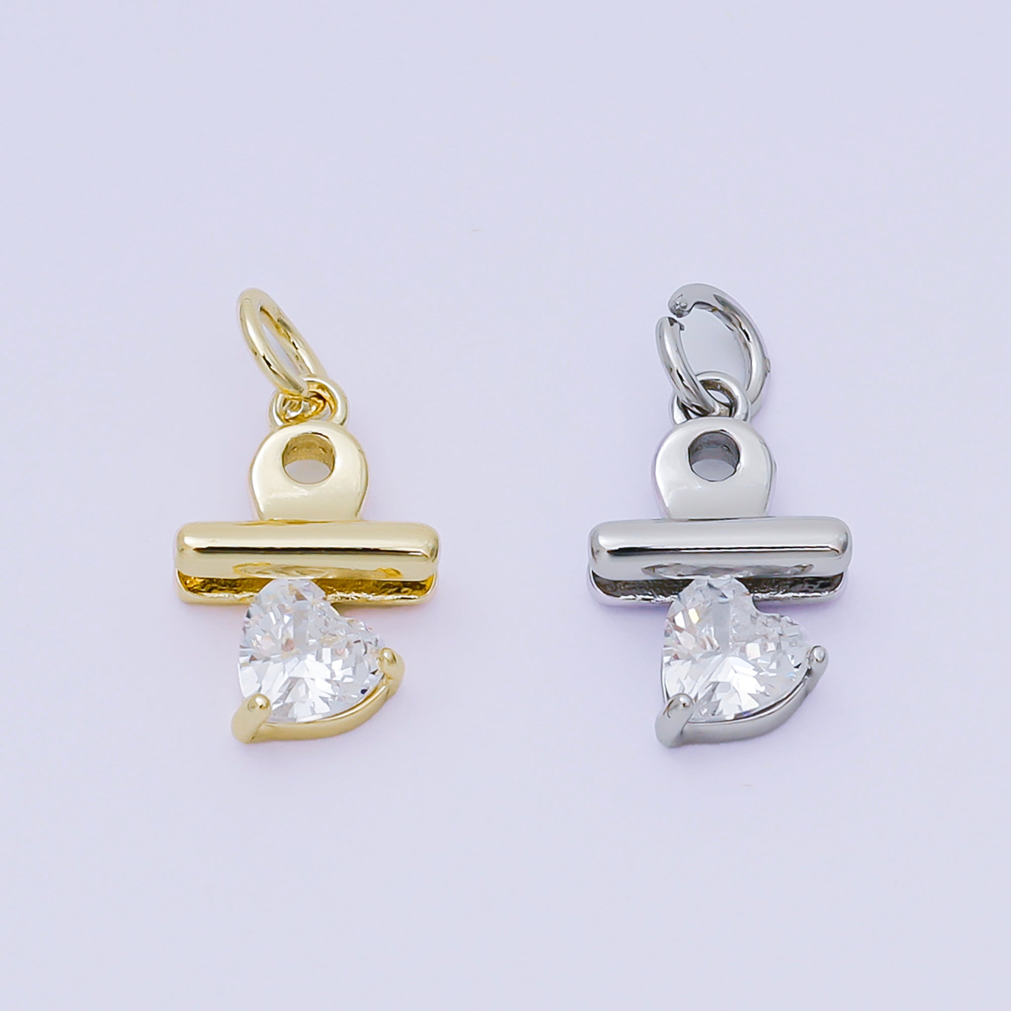 24K Gold Filled 13.5mm Heart-Shaped CZ Binder Clip Charm in Gold & Silver | AH-609