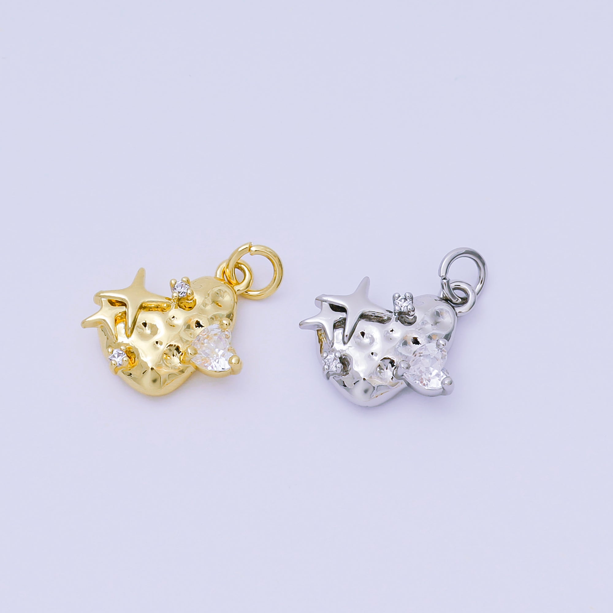 24K Gold Filled 11.5mm Clear CZ Star Hammered Charm in Gold & Silver | AJ476