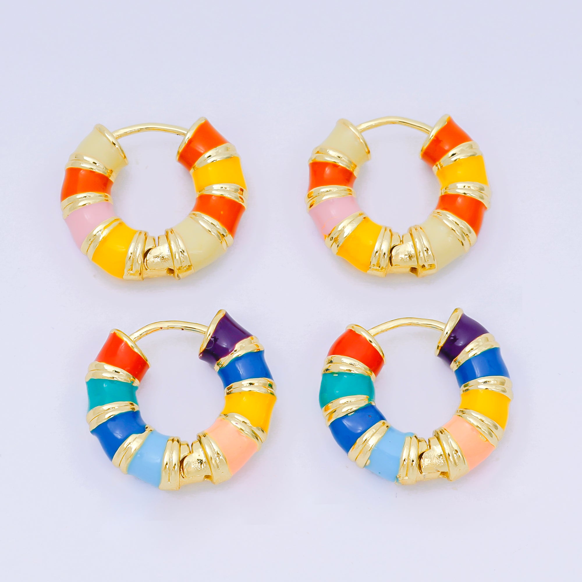 24K Gold Filled Enamel Art Candy Stripes Hinged Hoops Earrings | AJ-094 AJ-095