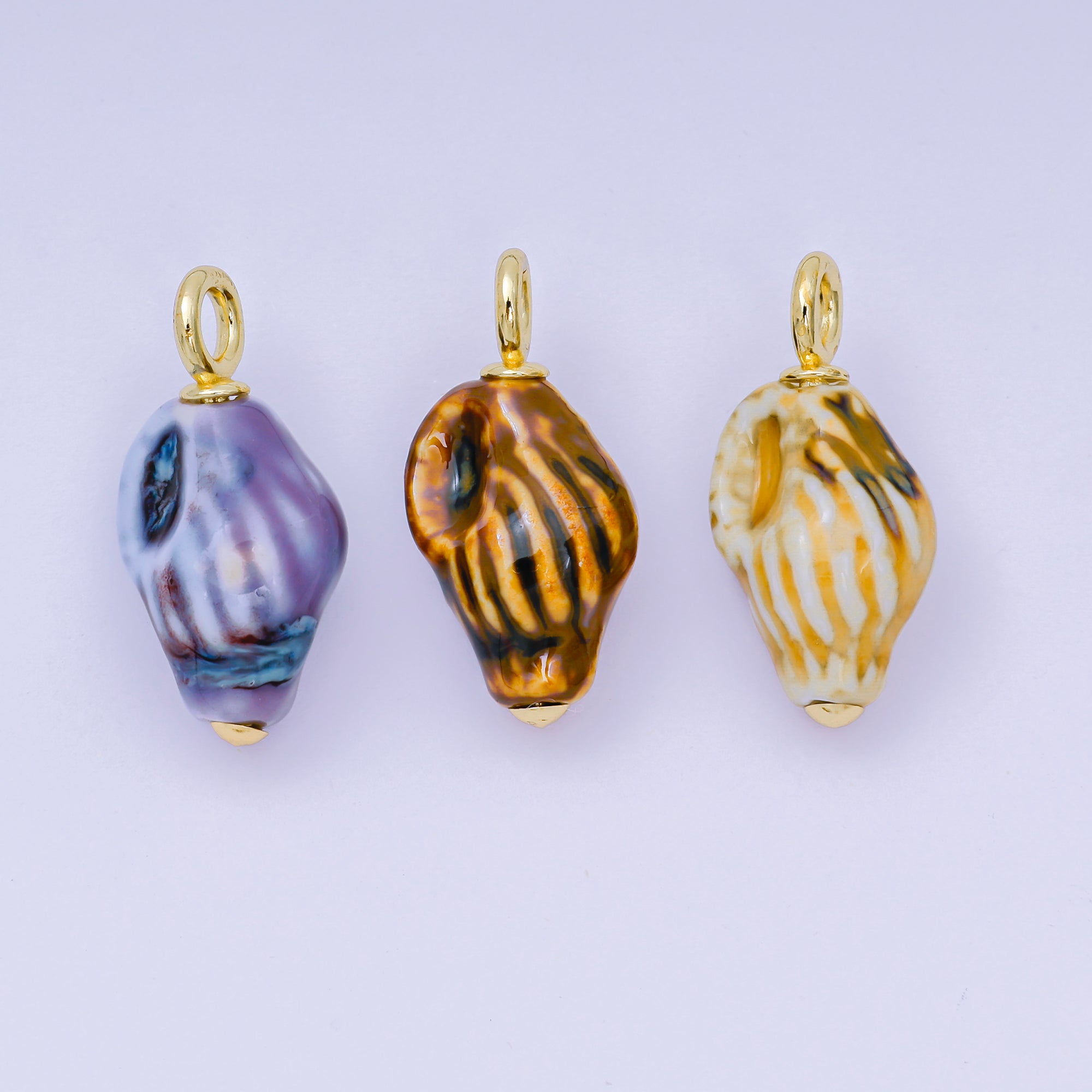 24K Gold Filled 30mm Brown, Purple, Dark Brown Ceramics Nautical Conch Shell Charm | AF1268 AF1269