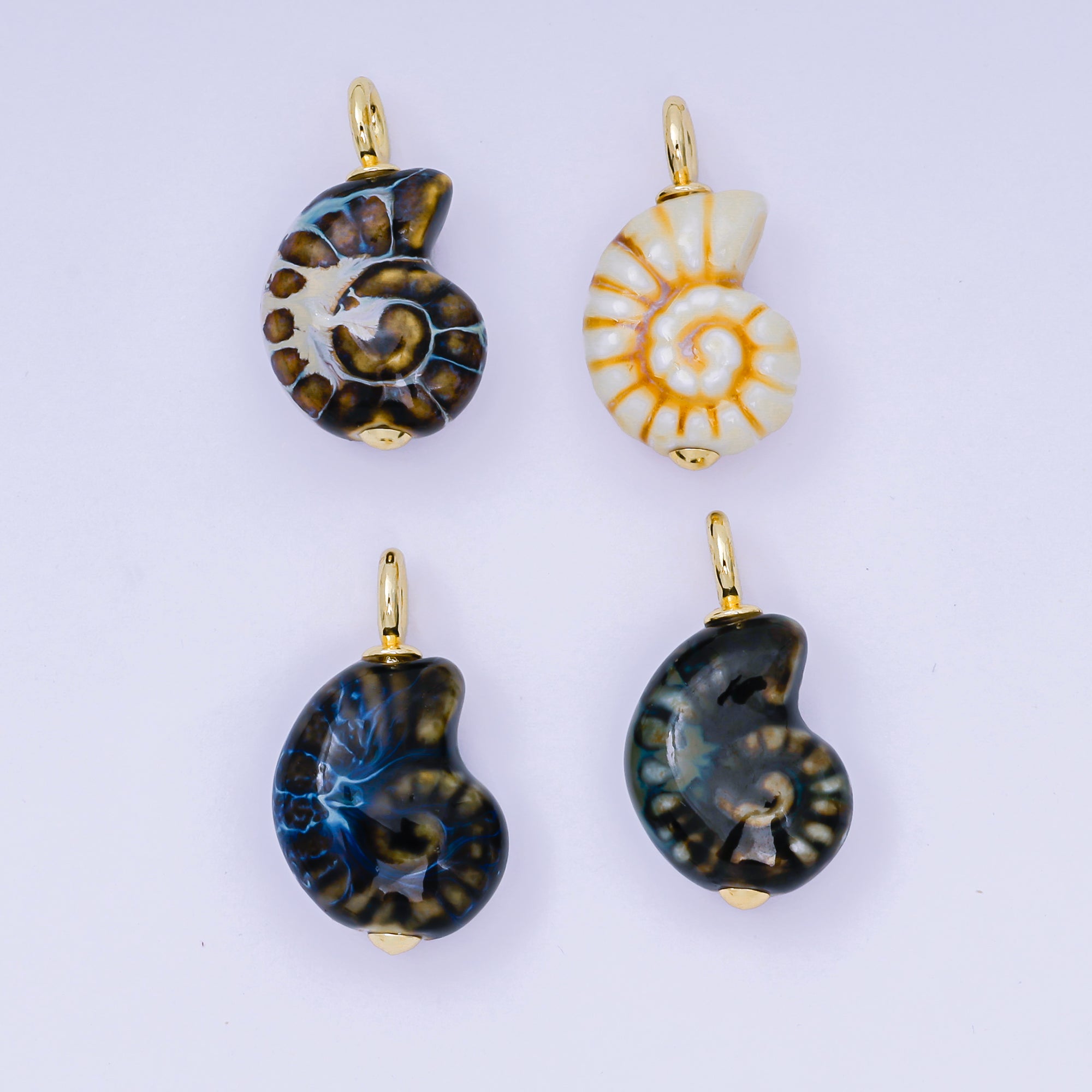 24K Gold Filled 29mm Brown, Blue, Black Ceramics Nautical Conch Shell Charm | AF1270 AF1271