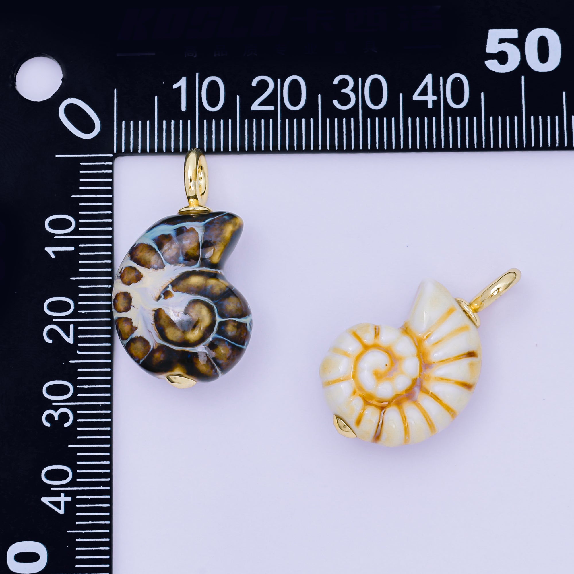 24K Gold Filled 29mm Brown, Blue, Black Ceramics Nautical Conch Shell Charm | AF1270 AF1271