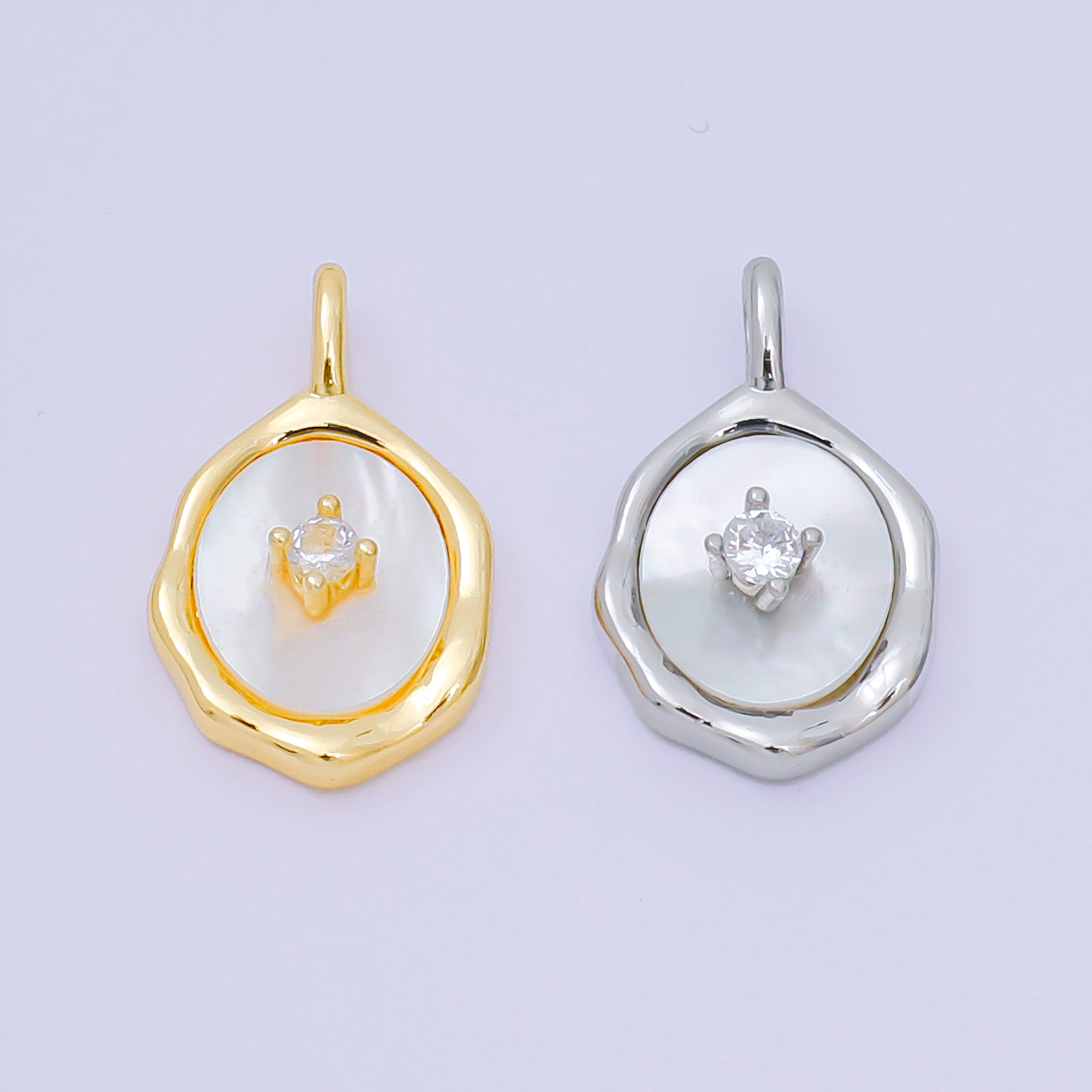 24K Gold Filled 20mm Round CZ Shell Pearl Abstract Mirror Pendant in Gold & Silver | AA-1584