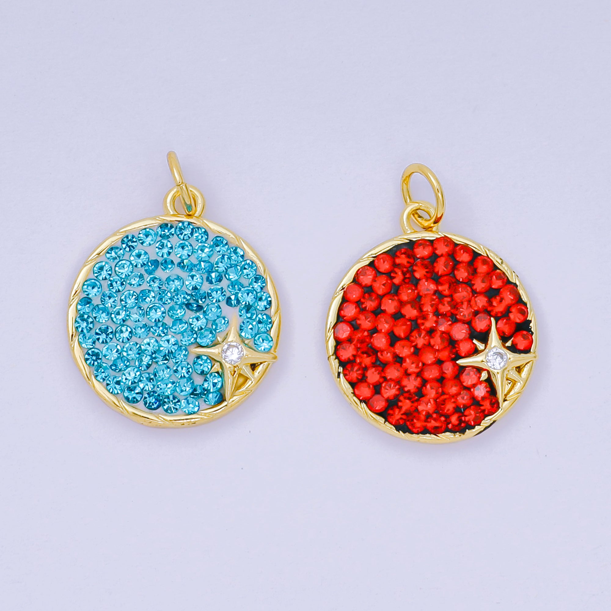 24K Gold Filled 18mm Blue & Red Micro Paved CZ Stars & Moon Constellations Charm | AH-672
