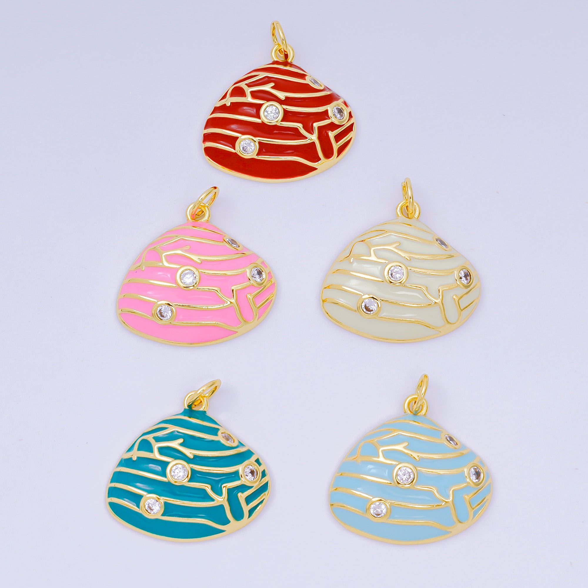 24K Gold Filled 18mm Round CZ Enamel Art Ocean Rock Coral Charm in Red, Pink, & Green | D-166 D-126 D-240