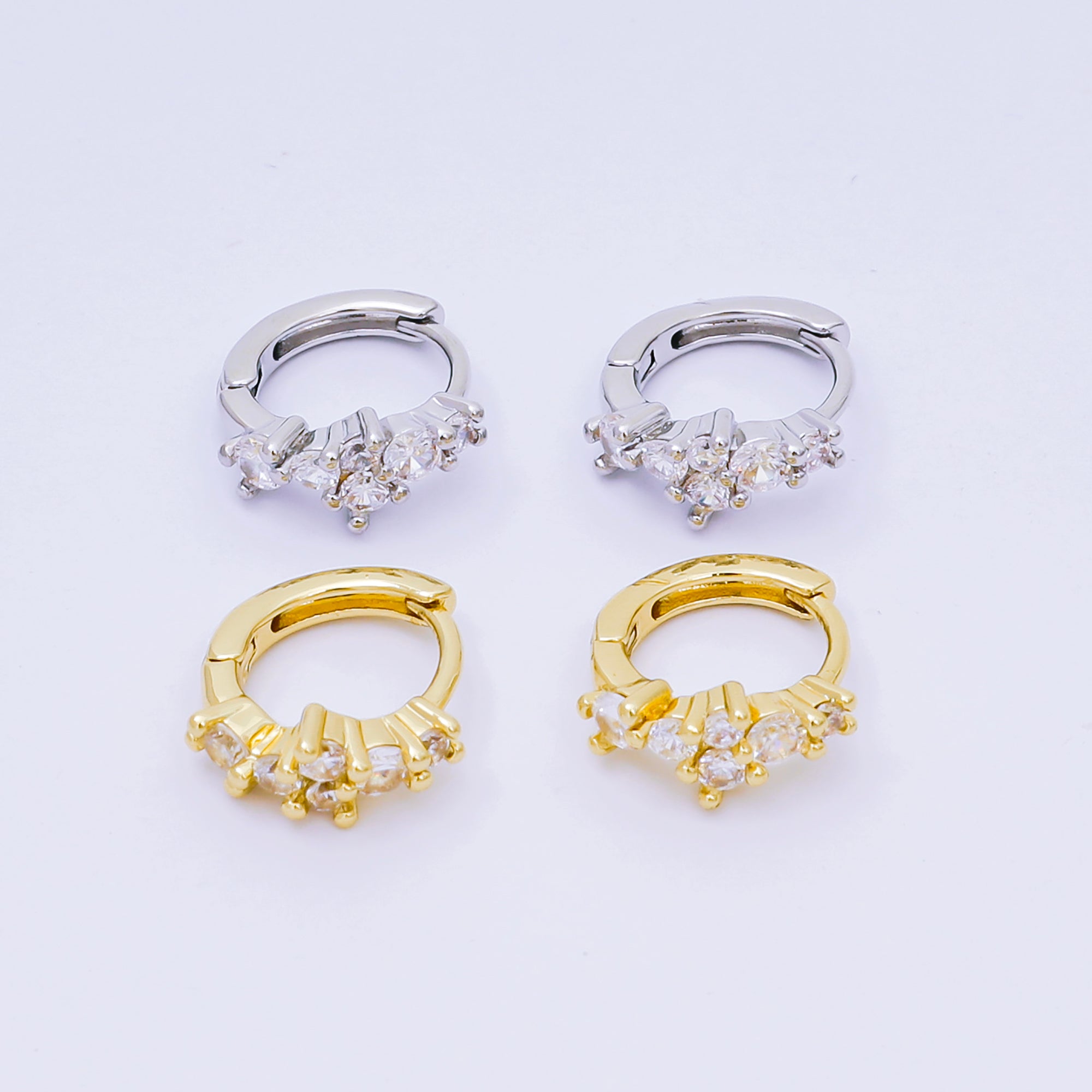 24K Gold Filled Micro Paved CZ Simple Mixed Cut CZ Huggie Hoops Earrings in Gold & Silver | AJ-125 AJ-126