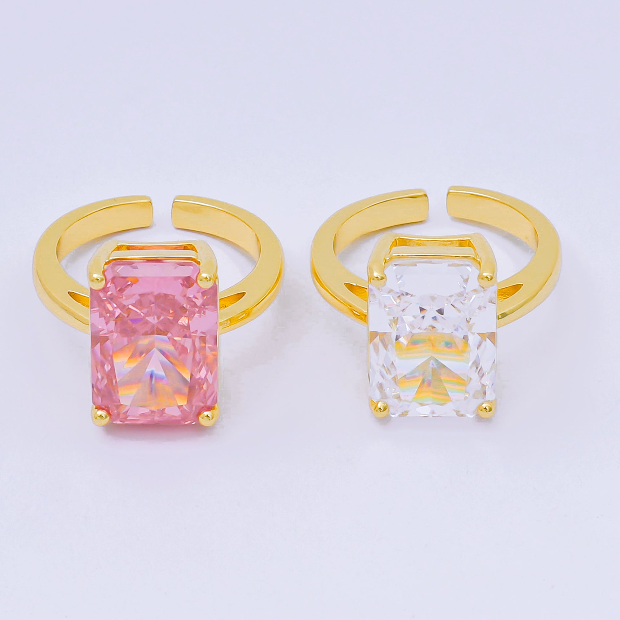 24K Gold Filled Pink & Clear Rectangular CZ Statement Solitaire Adjustable Ring | O-1035 O-1059