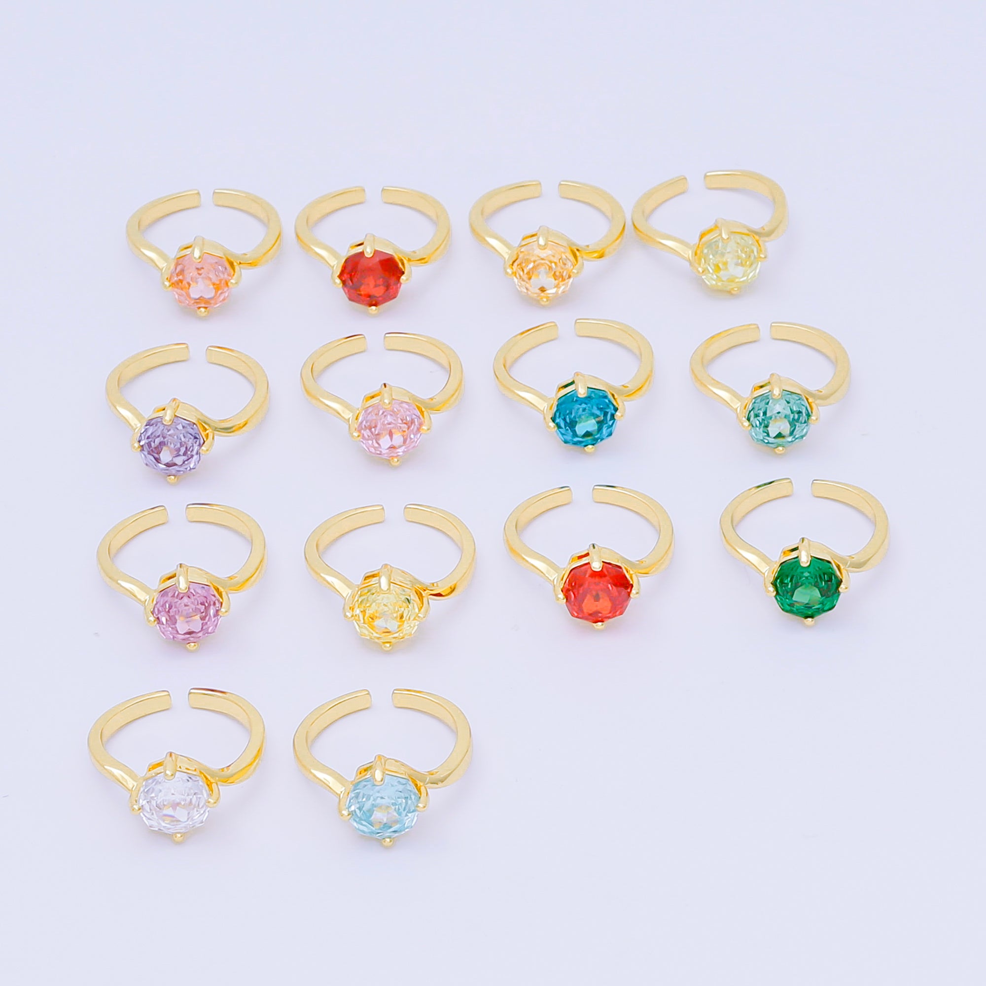 24K Gold Filled Round CZ Simple Classic Solitaire Adjustable Ring in Pink, Blue, & Red | O-1494 - O-1500, O-1511 O-1566 O-1579 O-1580 O-1593 O-1599 O-1600