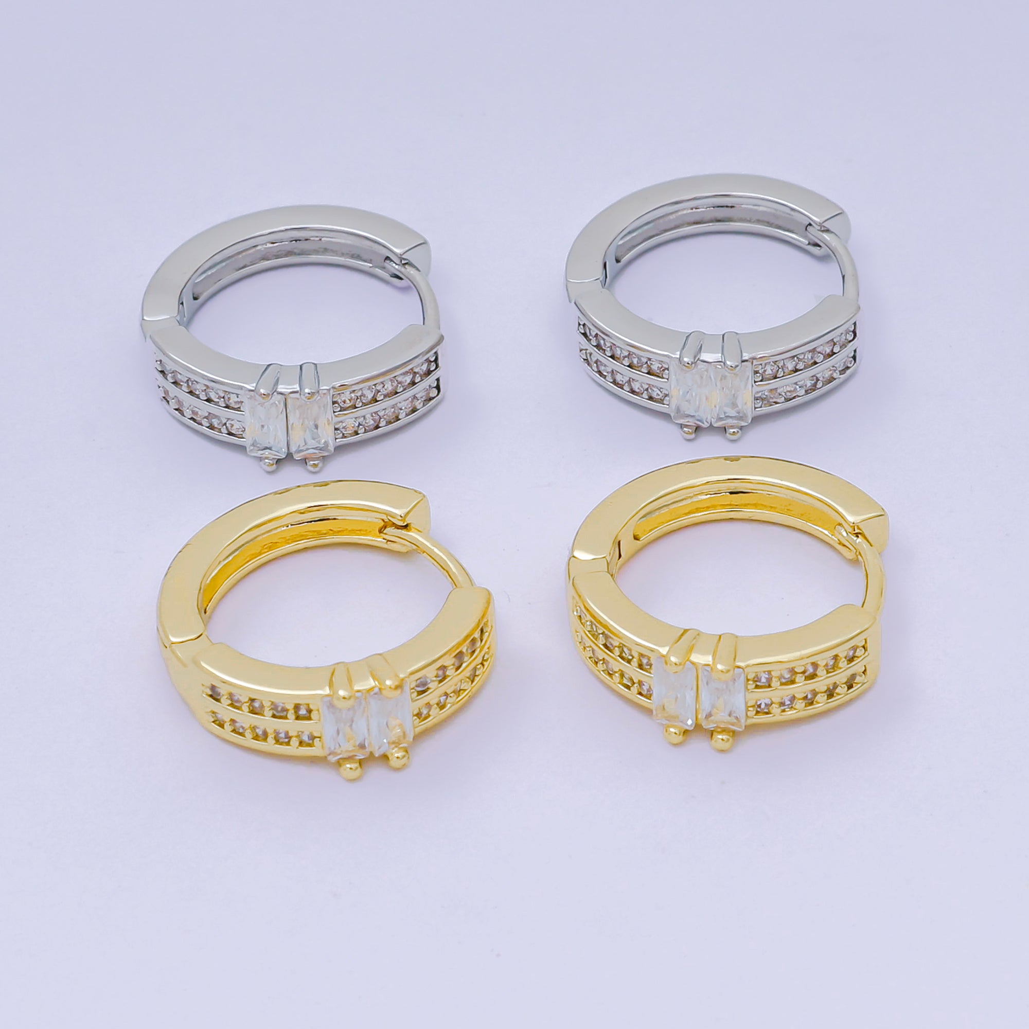 17mm Micro Paved CZ Dpuble Row Radiance Hinged Huggie Hoops Earrings in Gold & Silver | AJ-123 AJ-124