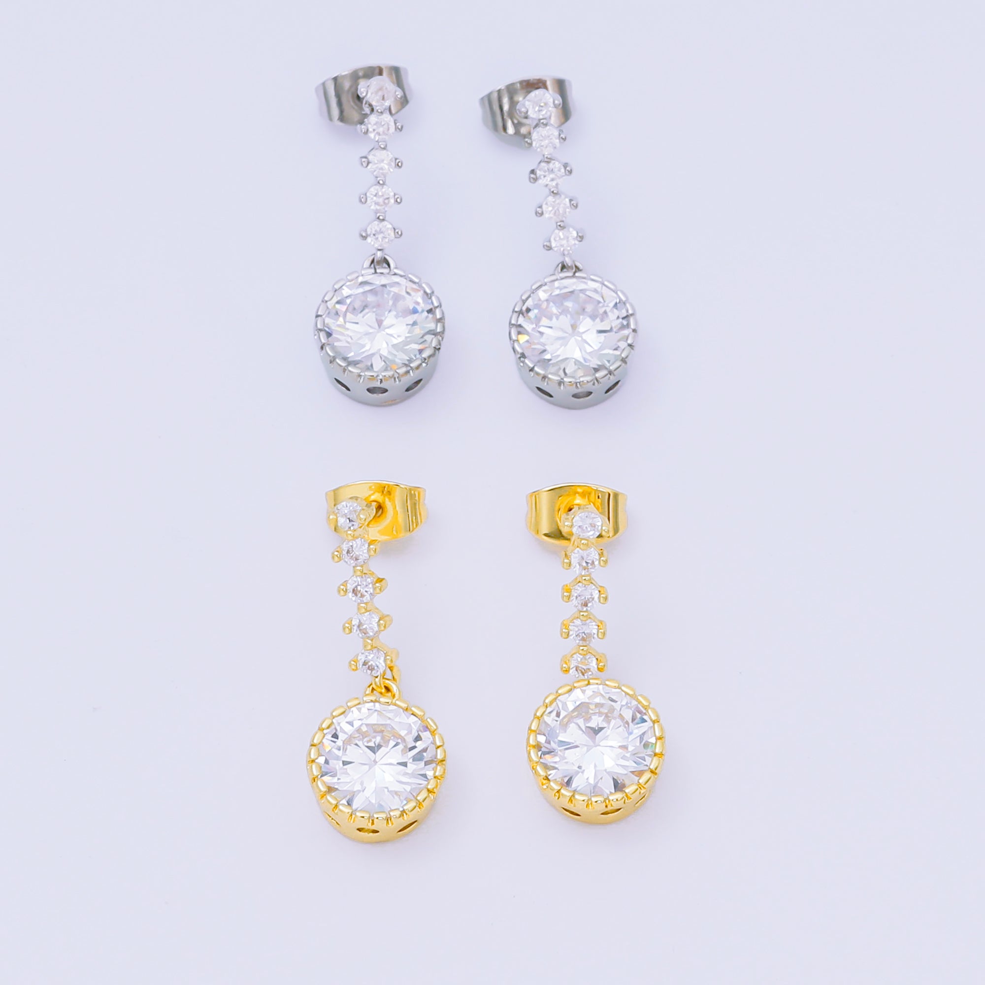 24K Gold Filled Round & Micro Paved CZ Pure Drop Stud Earrings in Gold & Silver | AJ134 AJ135