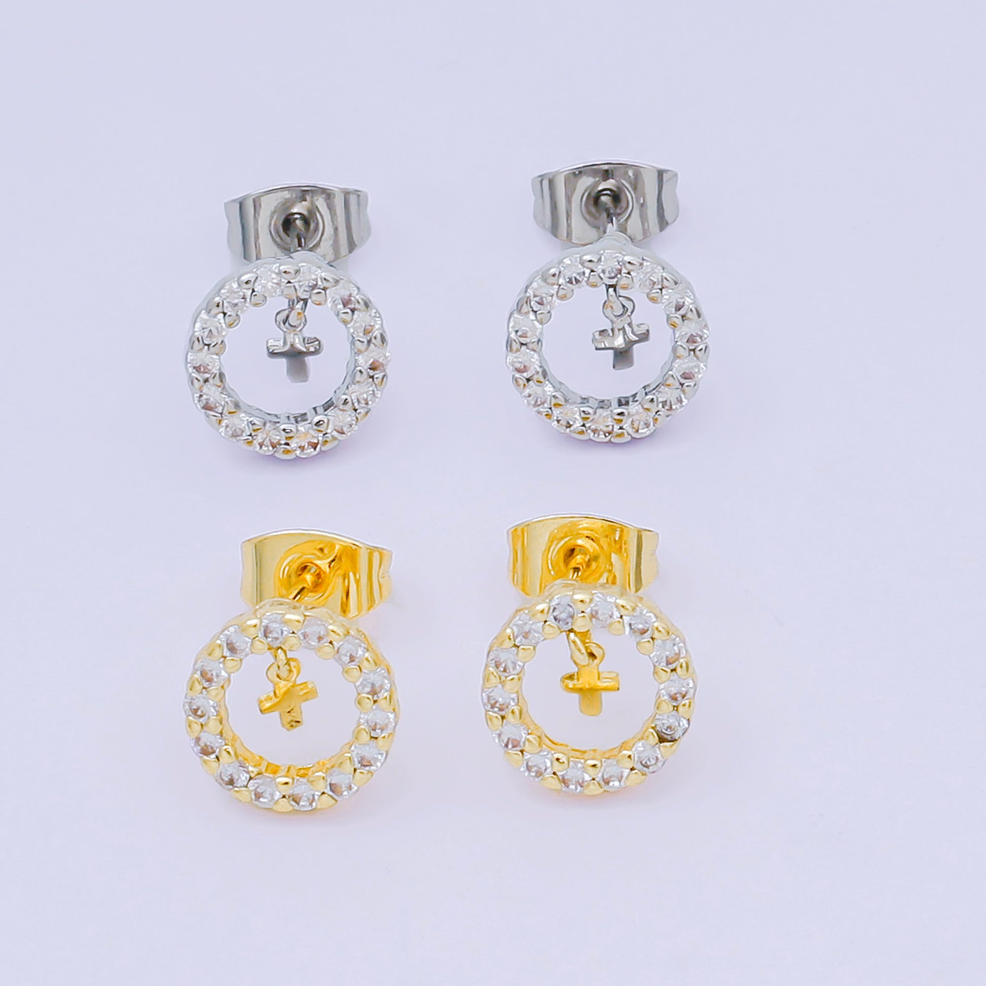 24K Gold Filled Micro Paved CZ Round Framed Christian Cross Stud Earrings in Gold & Silver | AJ132 AJ133